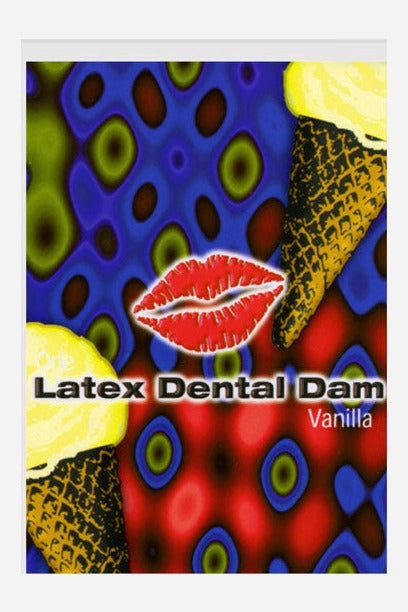 Vanilla flavored latex dental dam packet with a bright psychedelic pattern, ice cream cones and a red lips logo, front view