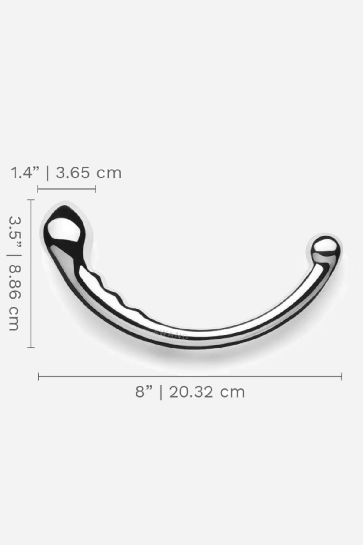 The Le Wand Hoop with measurements marked: eight inches across, three and a half inches deep and one point four inches at the widest.
