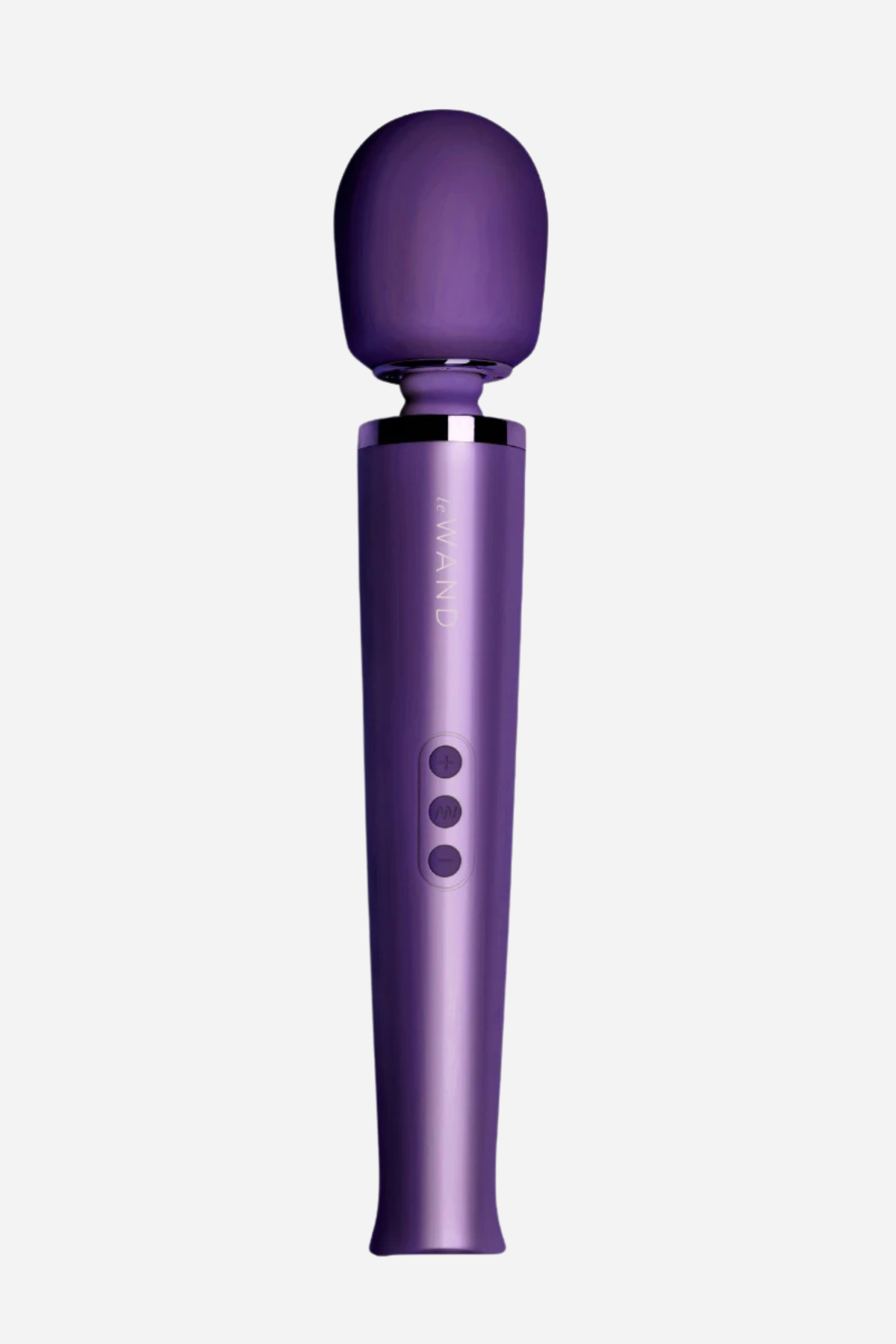 Le Wand Original Rechargeable Wand massager in purple, standing upright to show the rounded silicone head, slim handle and control buttons