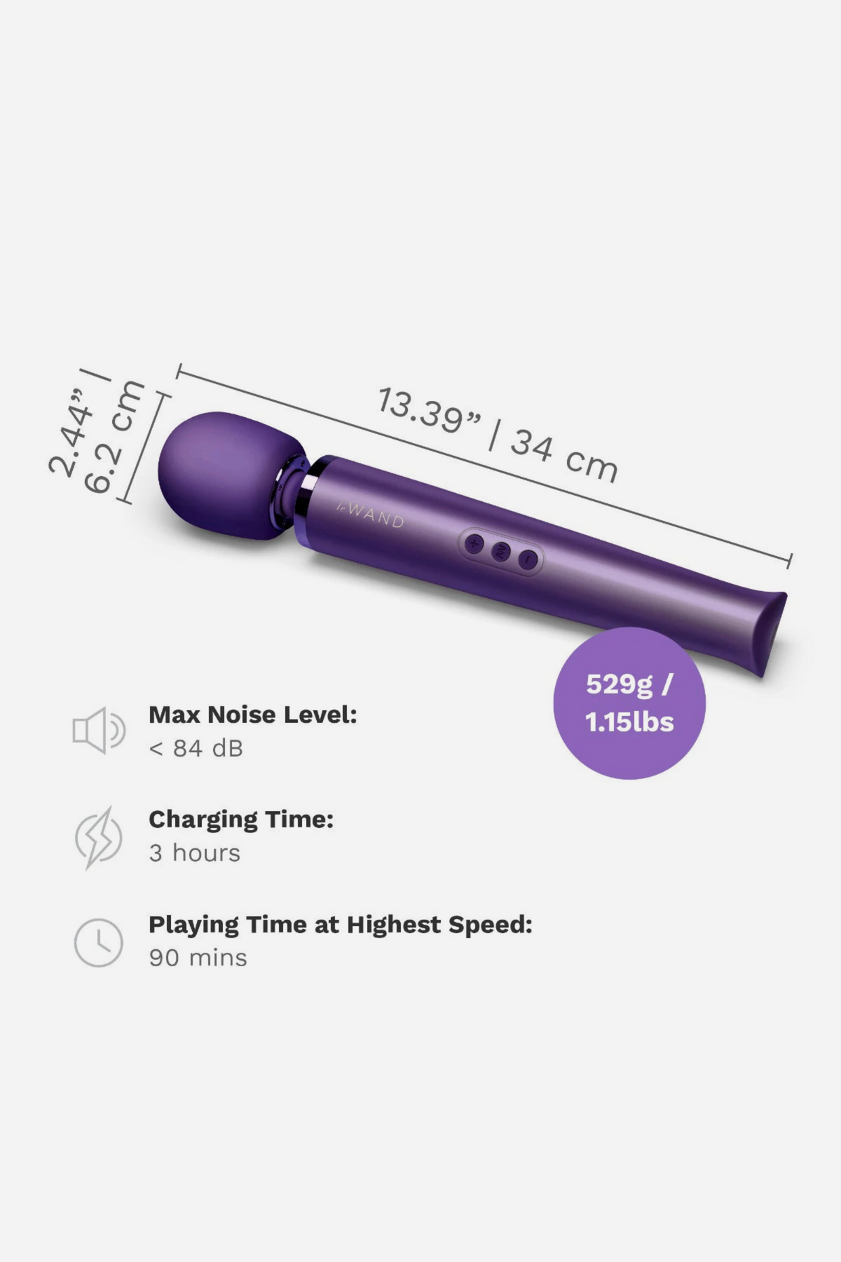 Purple Le Wand Original Rechargeable Wand with its length marked, alongside icons listing key specs such as charging time and play time