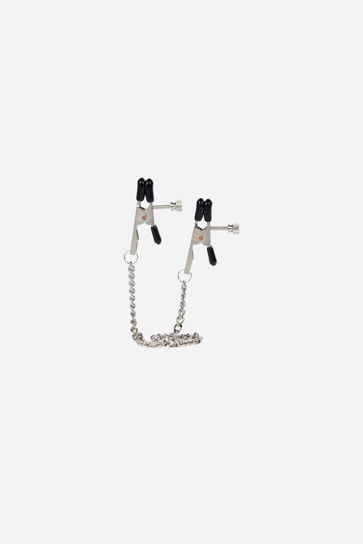 Let's Play bull nose nipple clamps on grey, two adjustable silver clamps with black rubber tips joined by a silver link chain hanging below.
