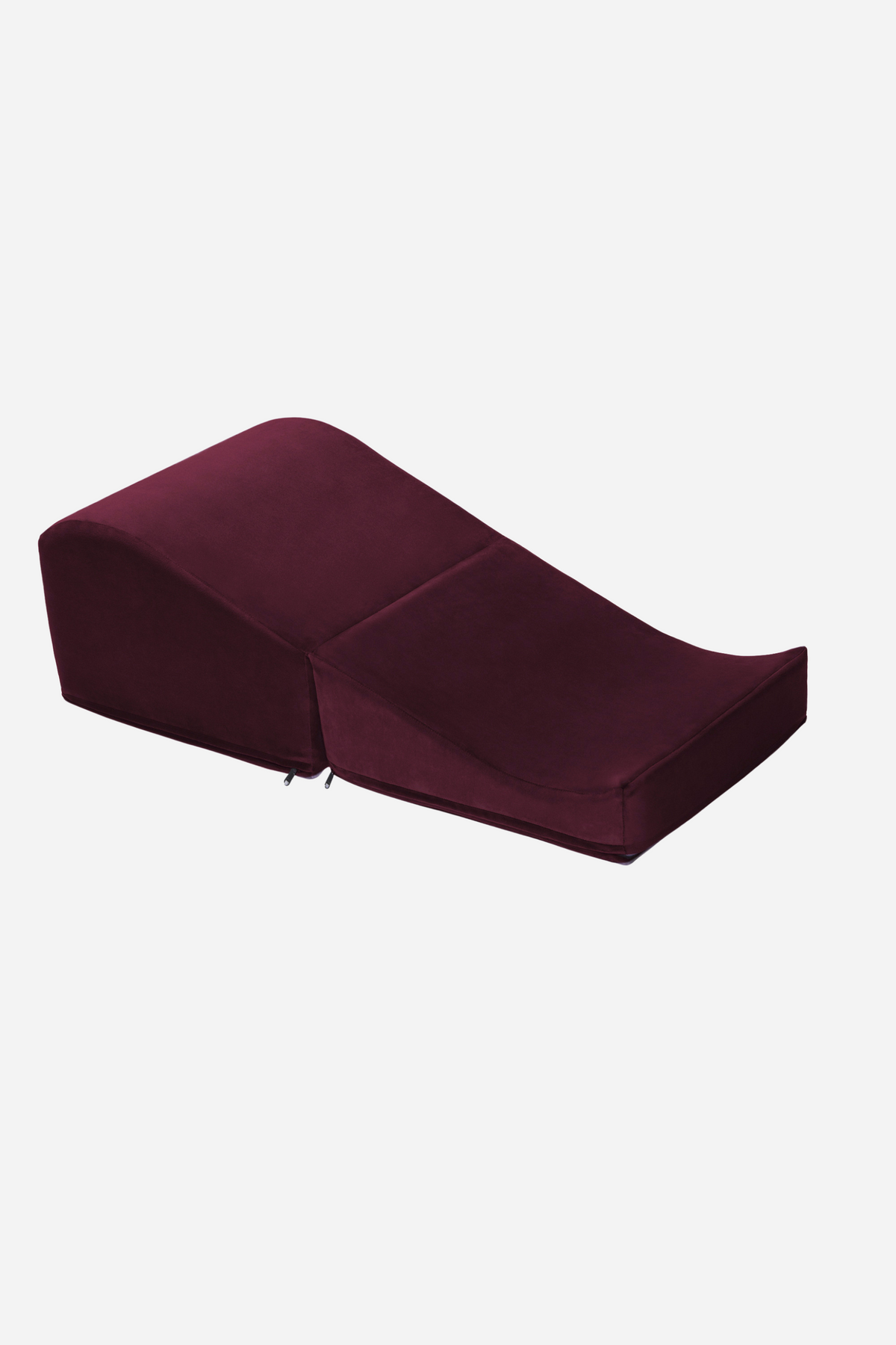 Merlot red Liberator Flip Ramp, a two piece microvelvet foam ramp and wedge positioning pillow set laid out side by side, on grey