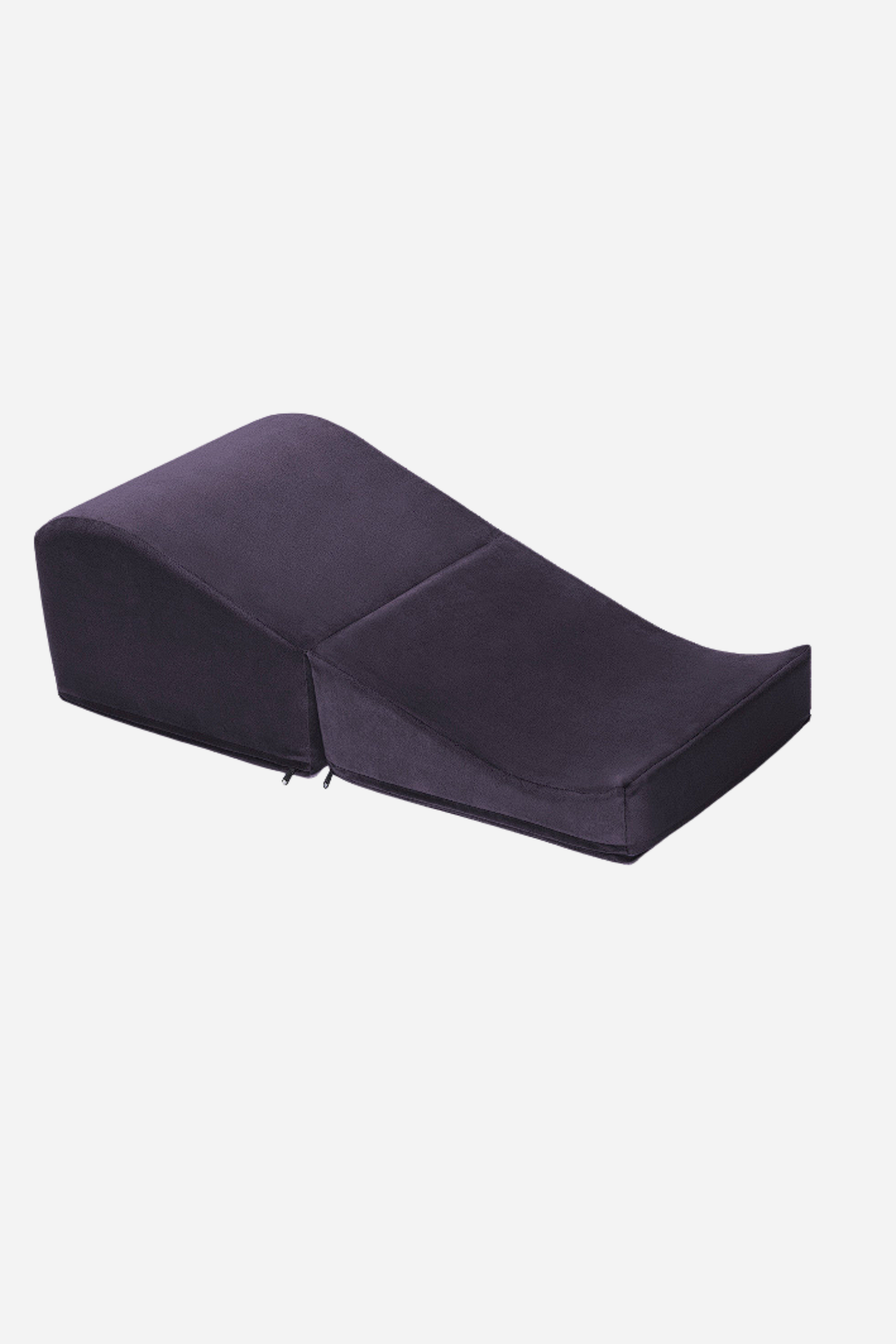 Aubergine purple Liberator Flip Ramp, a two piece microvelvet foam ramp and wedge positioning pillow set laid out side by side, on grey