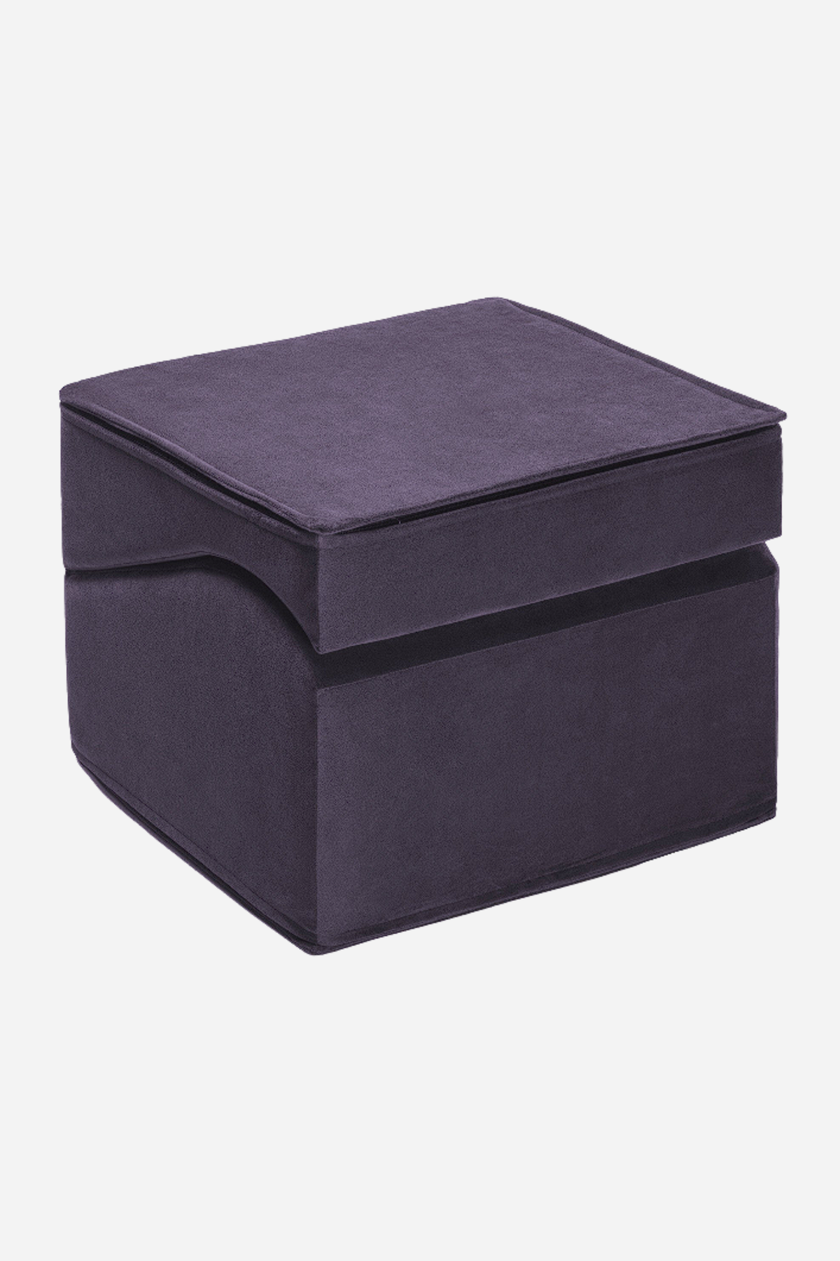 Aubergine Liberator Flip Ramp folded into its compact ottoman shape, showing how the ramp and wedge stack into a cube, on grey