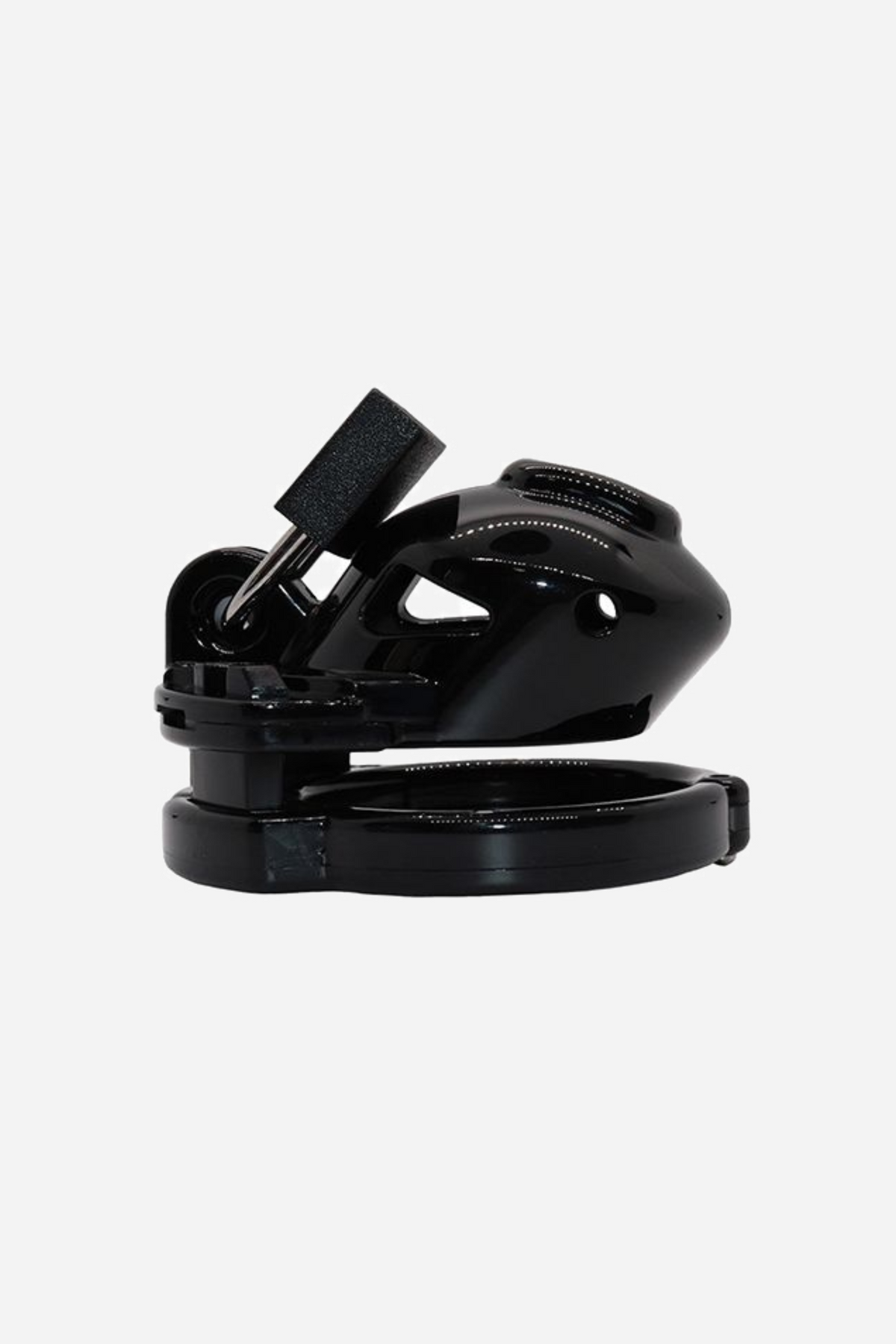 The Vice Micro chastity cage in glossy black, shown from the side with its base ring, lock post and the short curved cage body