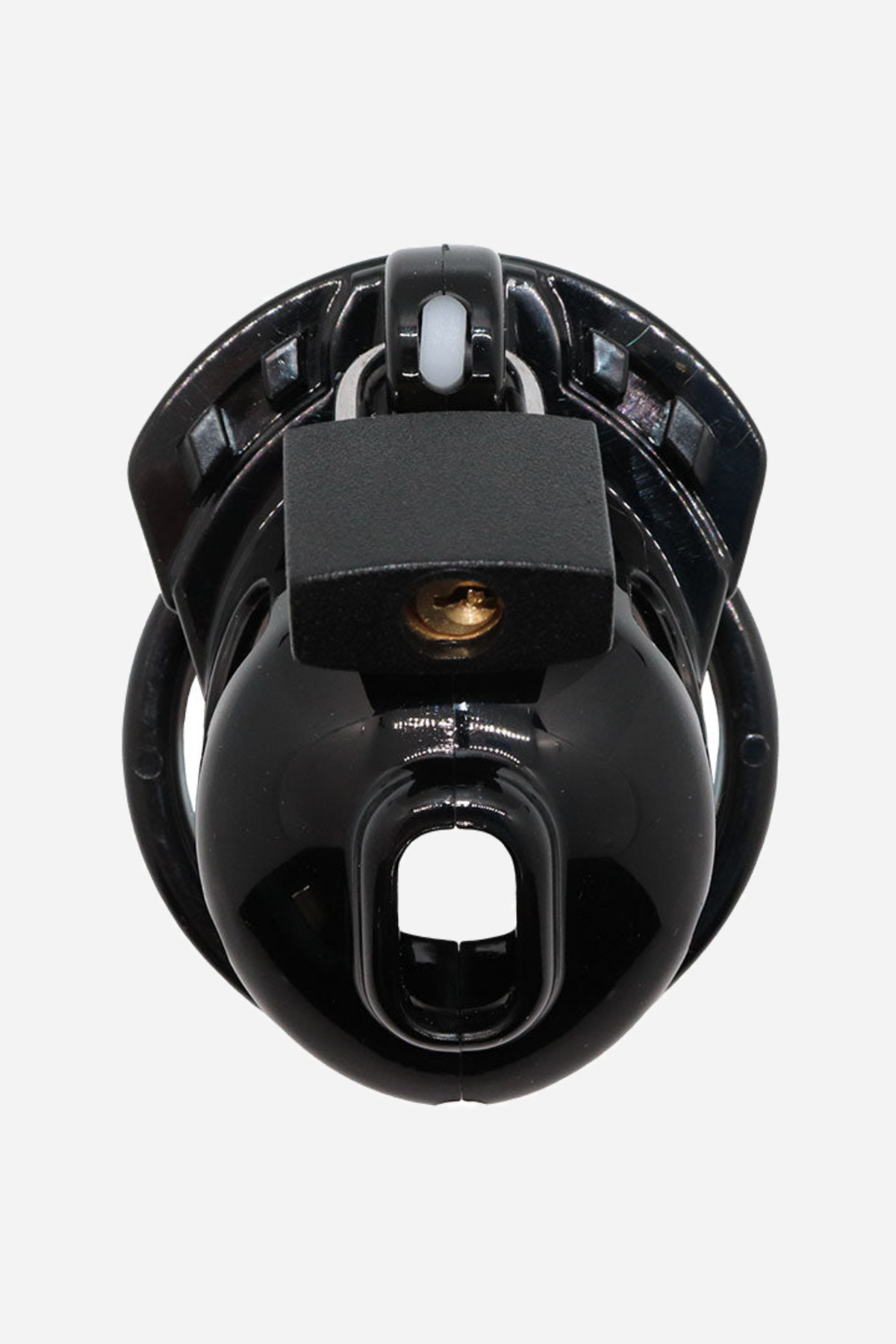 Front view of the black Vice Micro chastity cage with a padlock fitted through the lock post and the opening at the tip visible