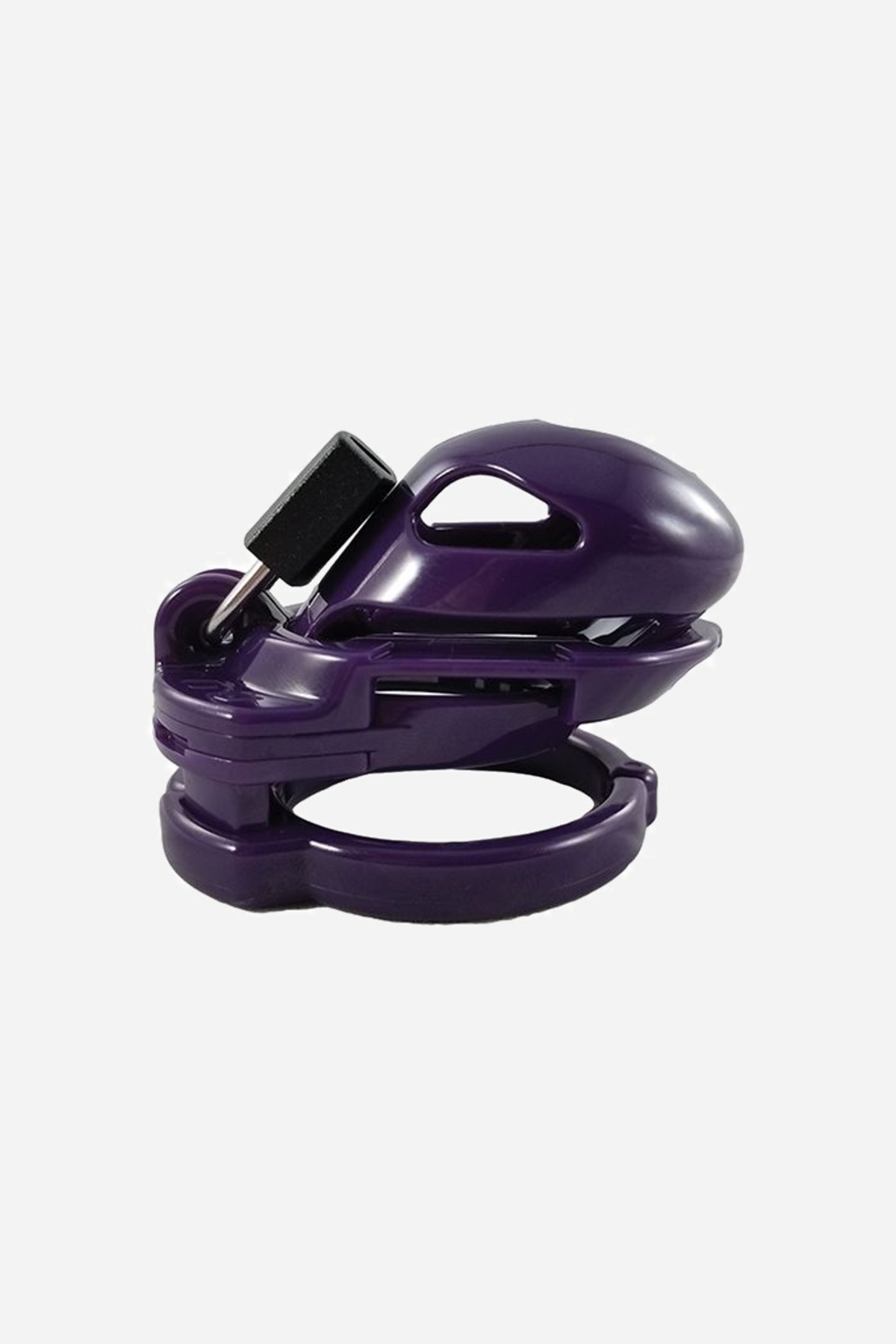 The Vice Mini cage in purple, seen from the side with its base ring, showing the glossy finish and the lock housing at the top