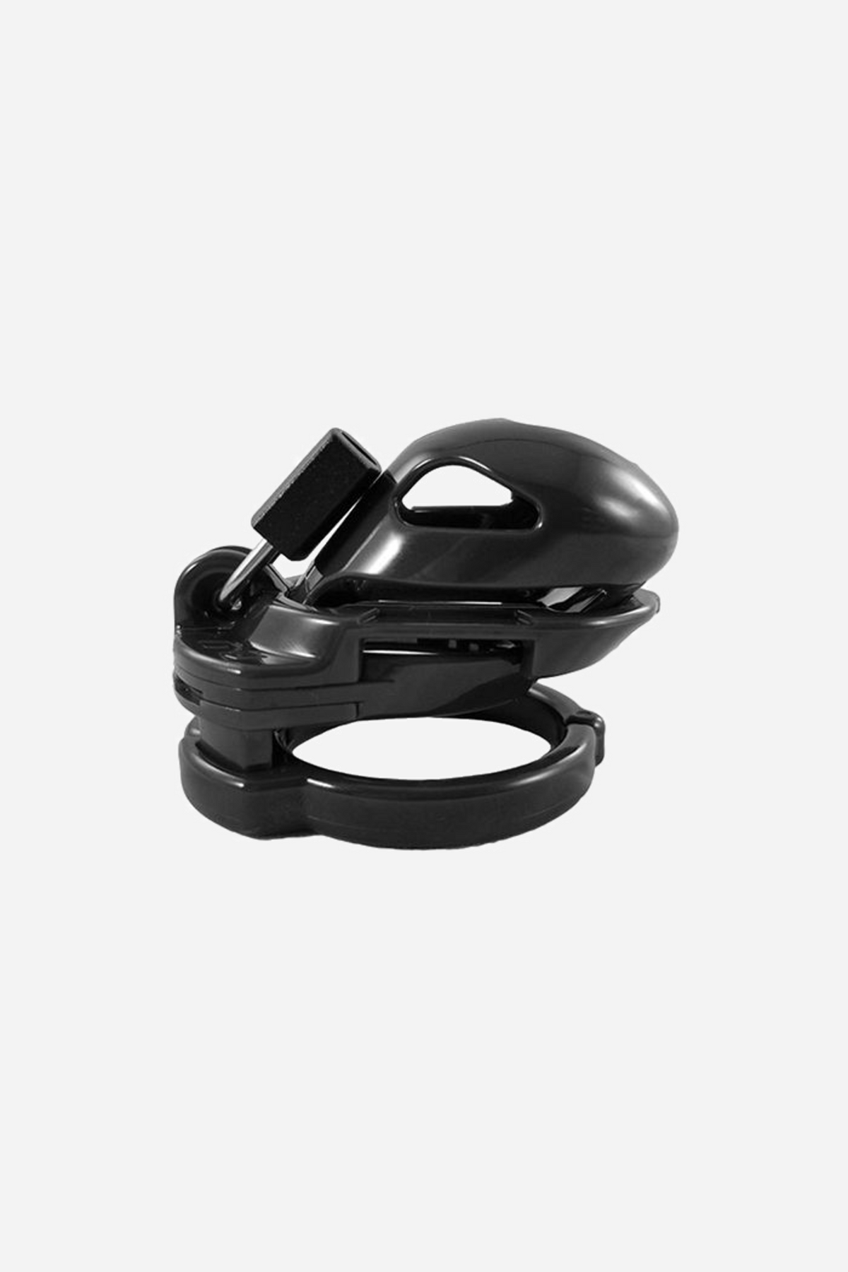 The Vice Mini cage in black, seen from the side with its base ring, showing the ridged top and the lock housing at the closed end