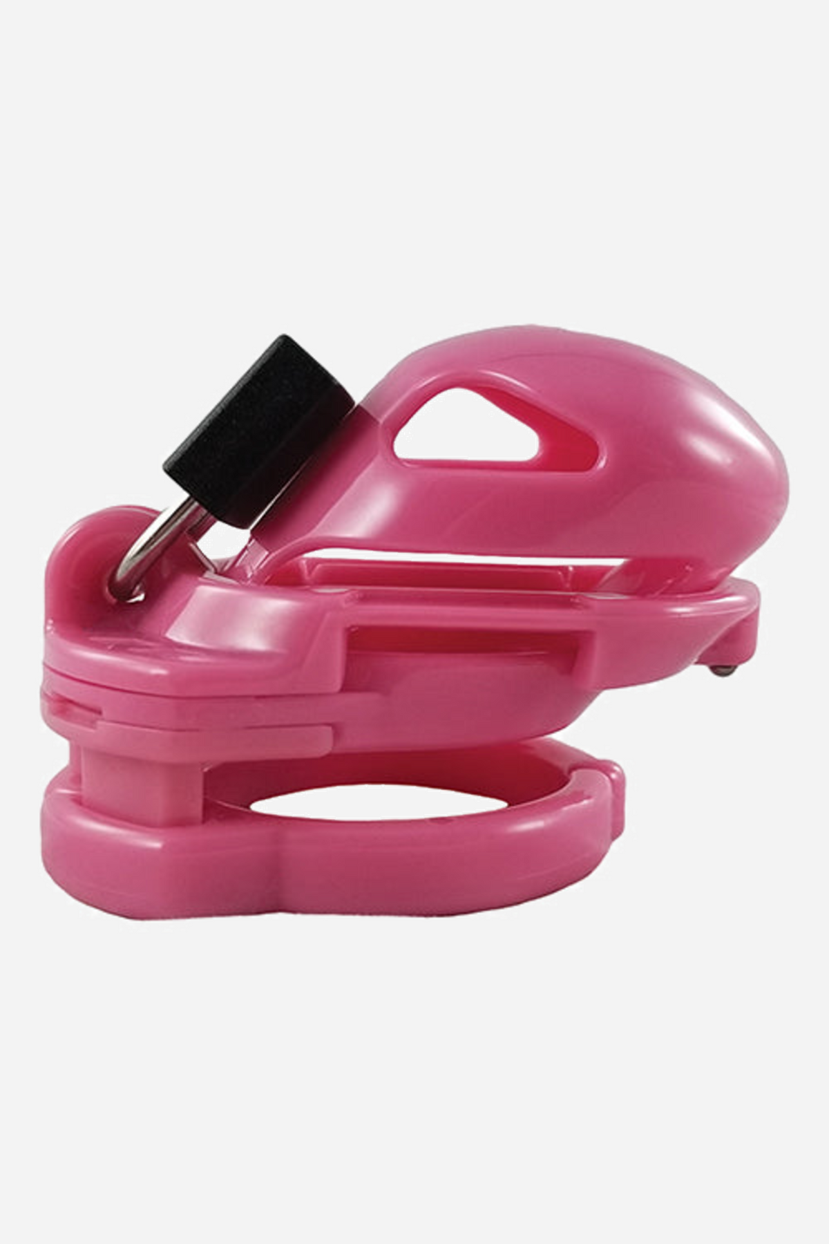 The Vice Mini cage in pink, seen from the side with its base ring behind it, showing the short cage shape and the opening at the tip