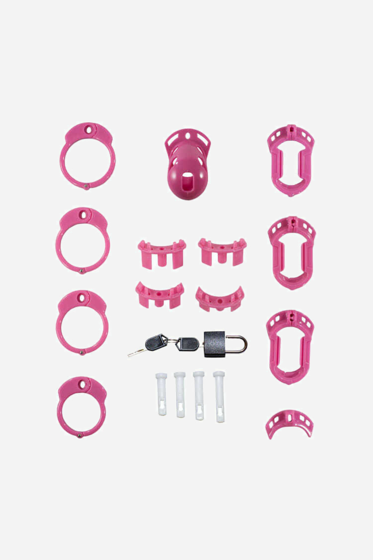 Every part of the pink Vice Mini kit laid out in rows: the cage, four base rings, spacers, locking pins, a padlock and two keys