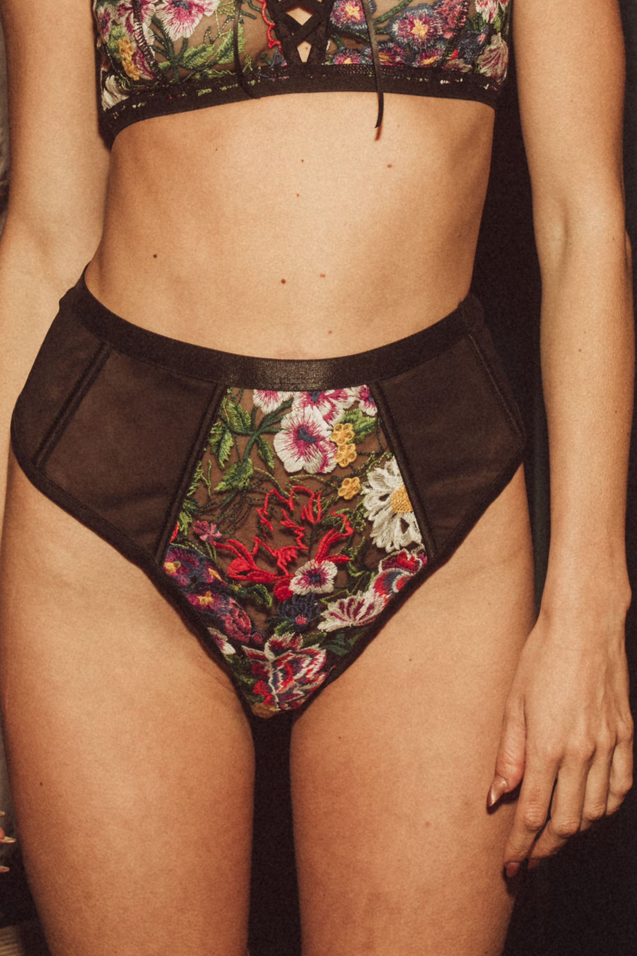 Kilo Brava Embroidery High Waisted Thong in Black & Multi Floral