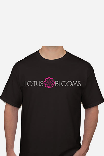 Front of the black Lotus Blooms Sex Positivity T-shirt with the white LOTUS BLOOMS wordmark and pink flower logo across the chest