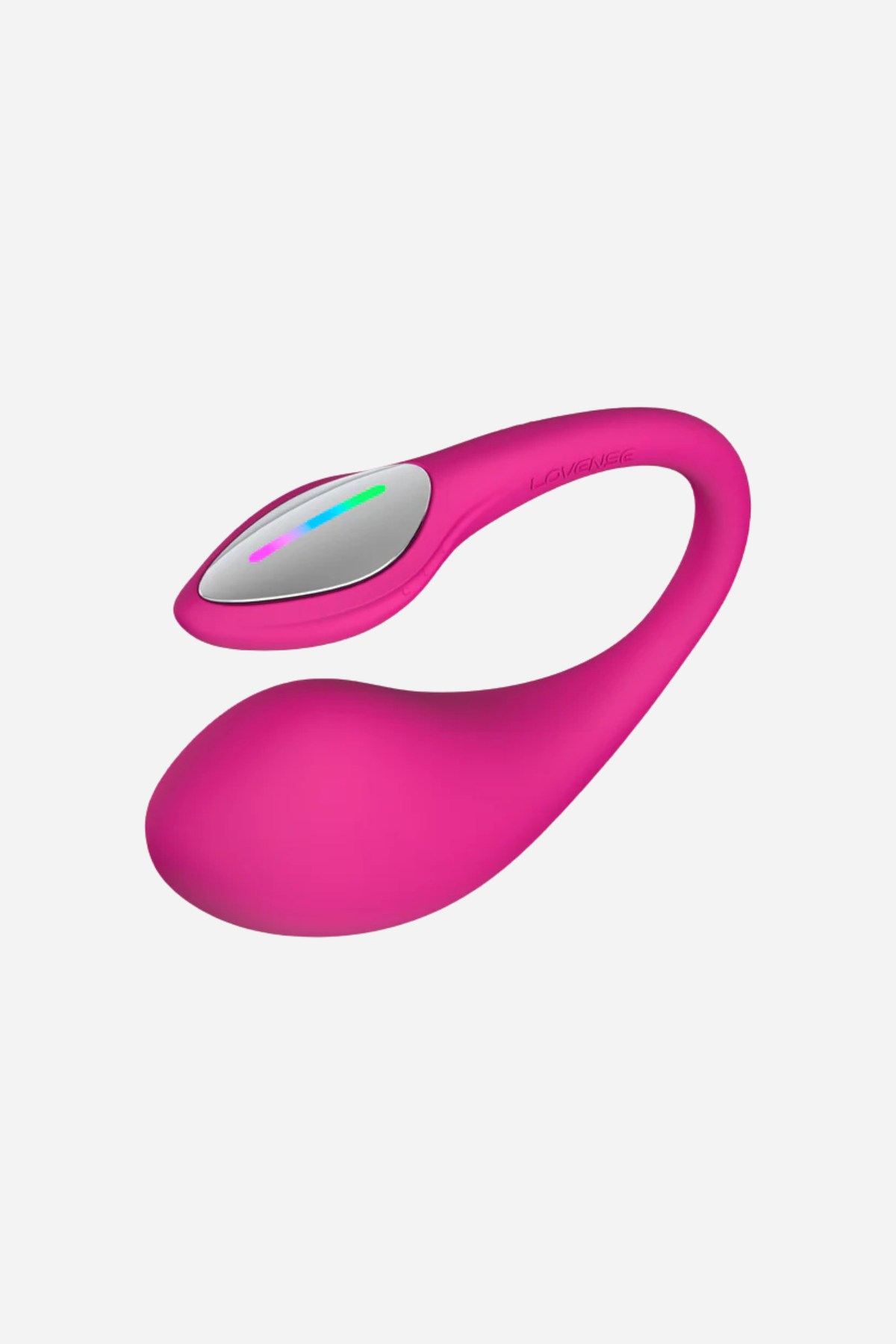 Hot pink Lovense Lush 4 wearable vibe on grey, a smooth egg-shaped bulb with a long flexible antenna curving back over a silver LED control panel.