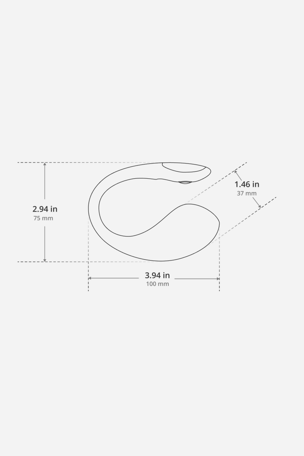 Lovense Lush 4 dimension drawing on grey: 3.94 in (100 mm) long, 2.94 in (75 mm) tall including the antenna, with a 1.46 in (37 mm) wide bulb.
