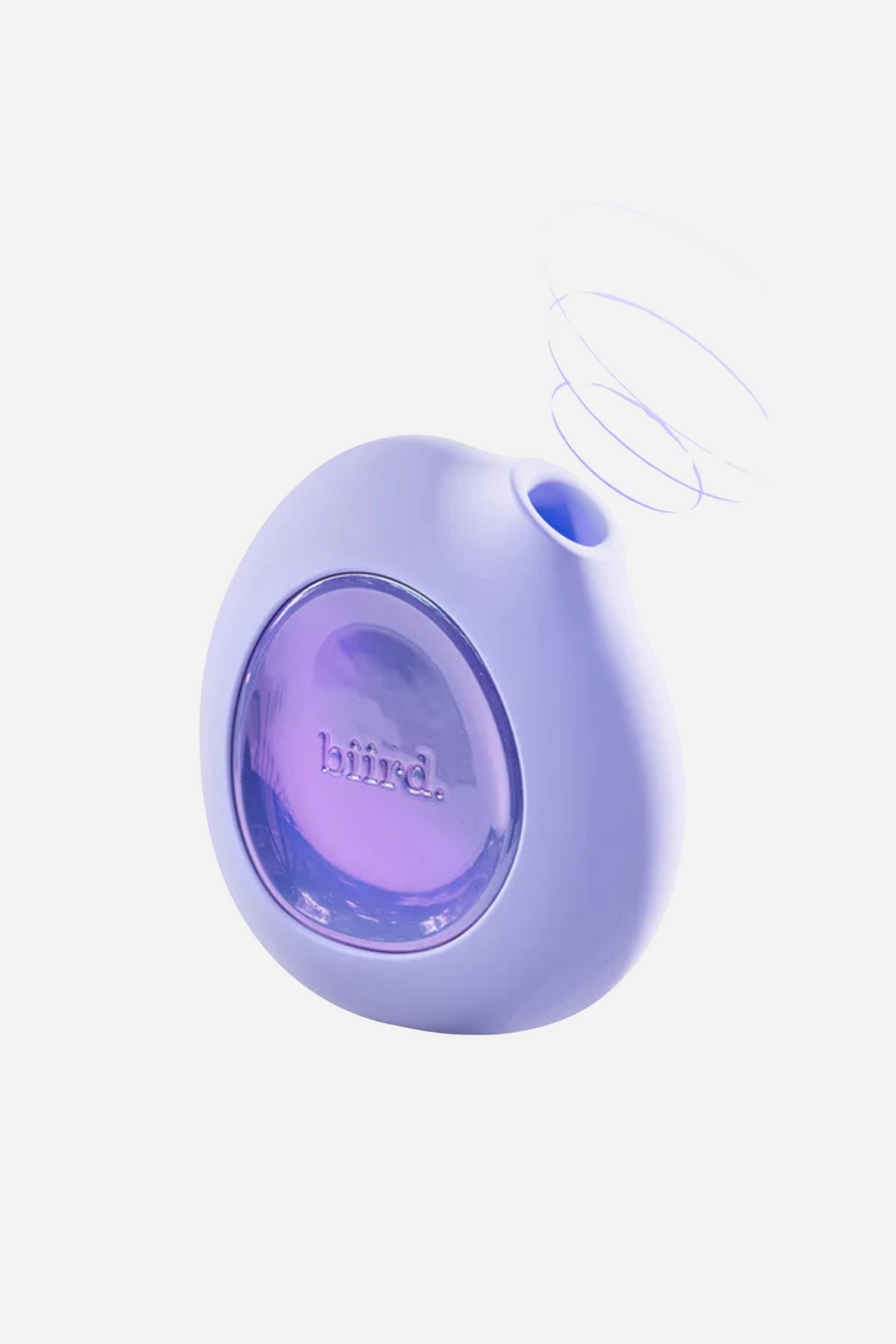 Lumii air pulse clitoral toy in lilac, a palm-sized pebble shape with a soft suction nozzle and an iridescent rainbow-glow face panel