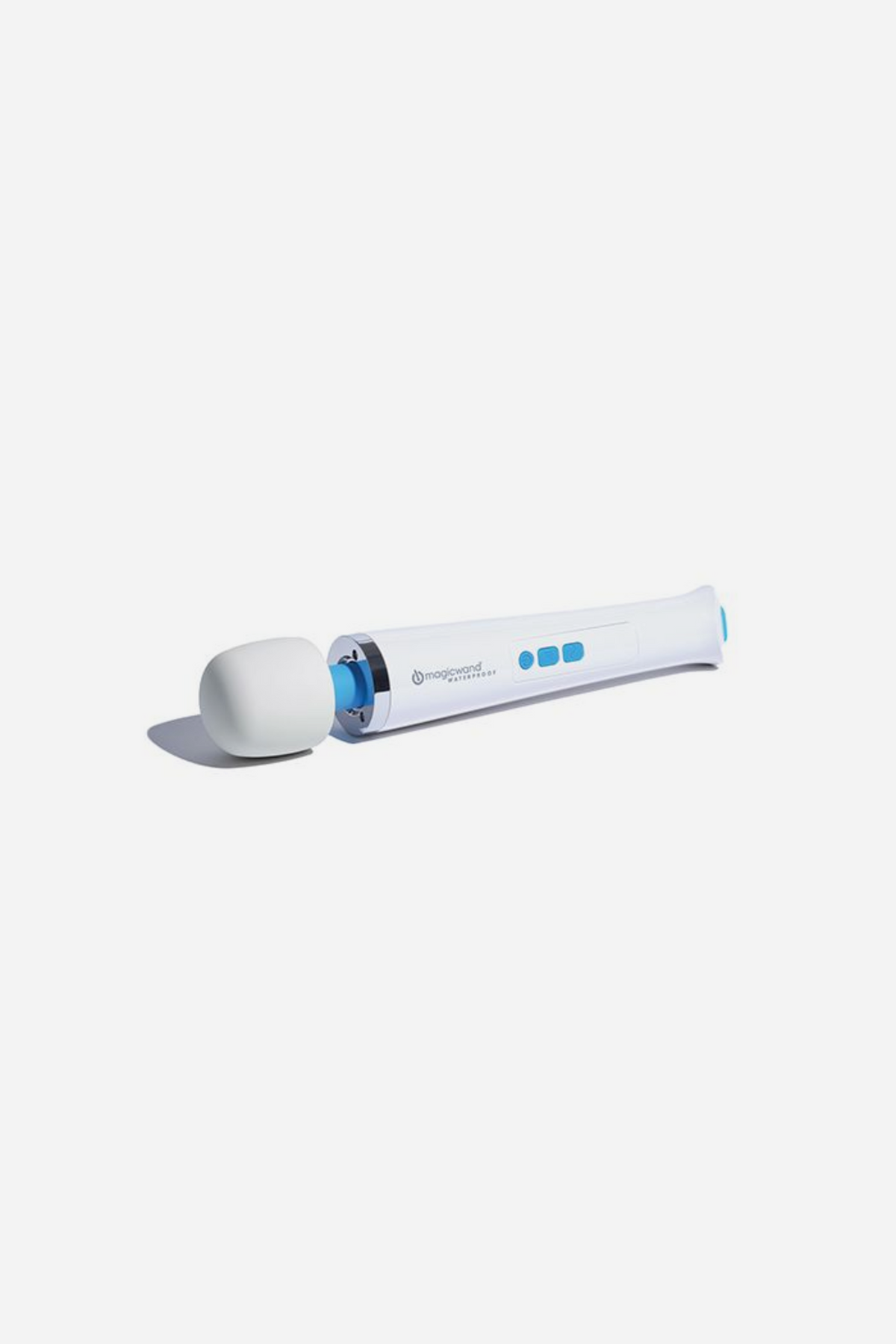 White Magic Wand Waterproof massager lying on its side, showing the long cordless handle and soft round vibrating head, on grey