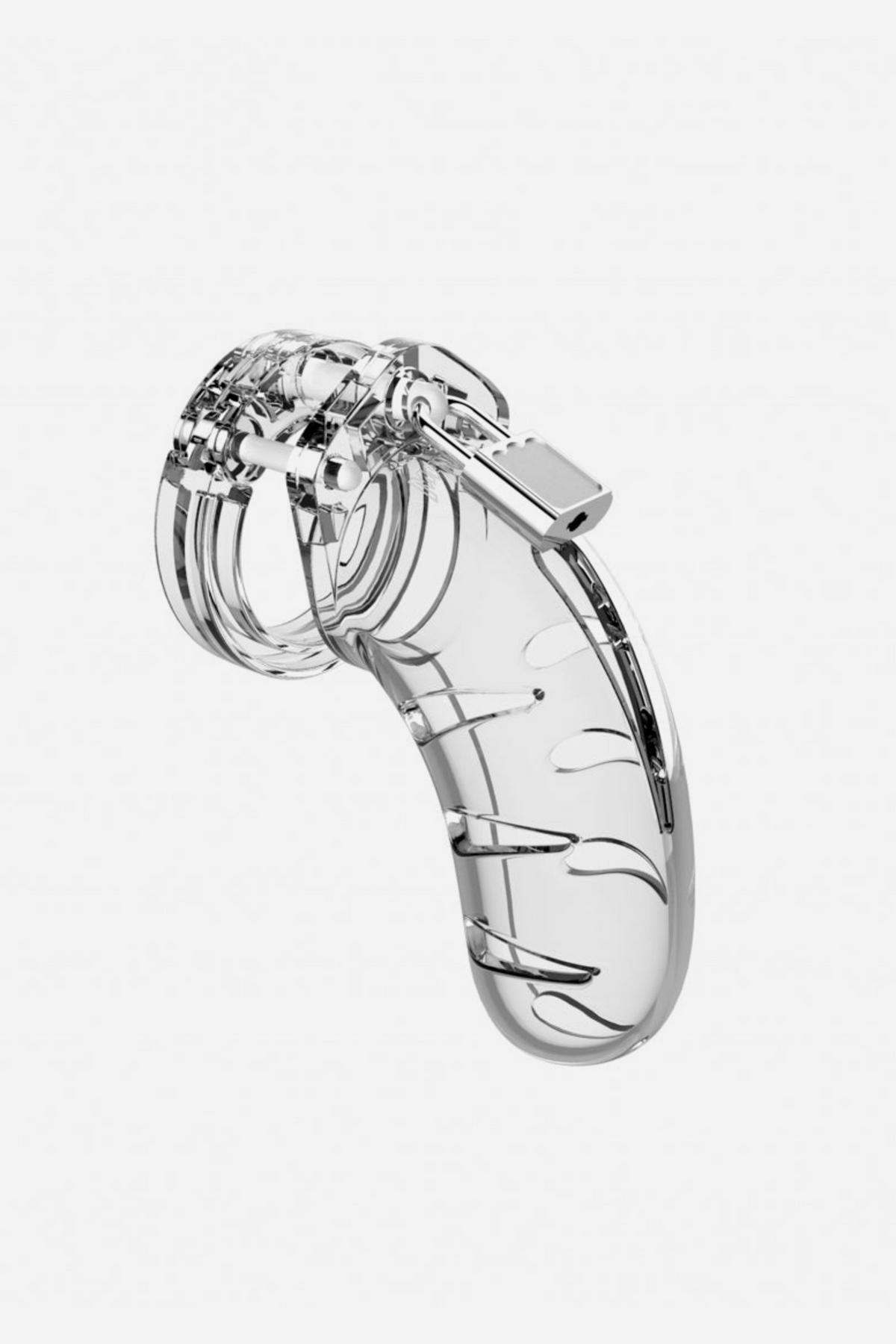 Clear ManCage Model 03 plastic chastity cage on grey, the longer transparent curved cage and base ring locked together with a small silver padlock.