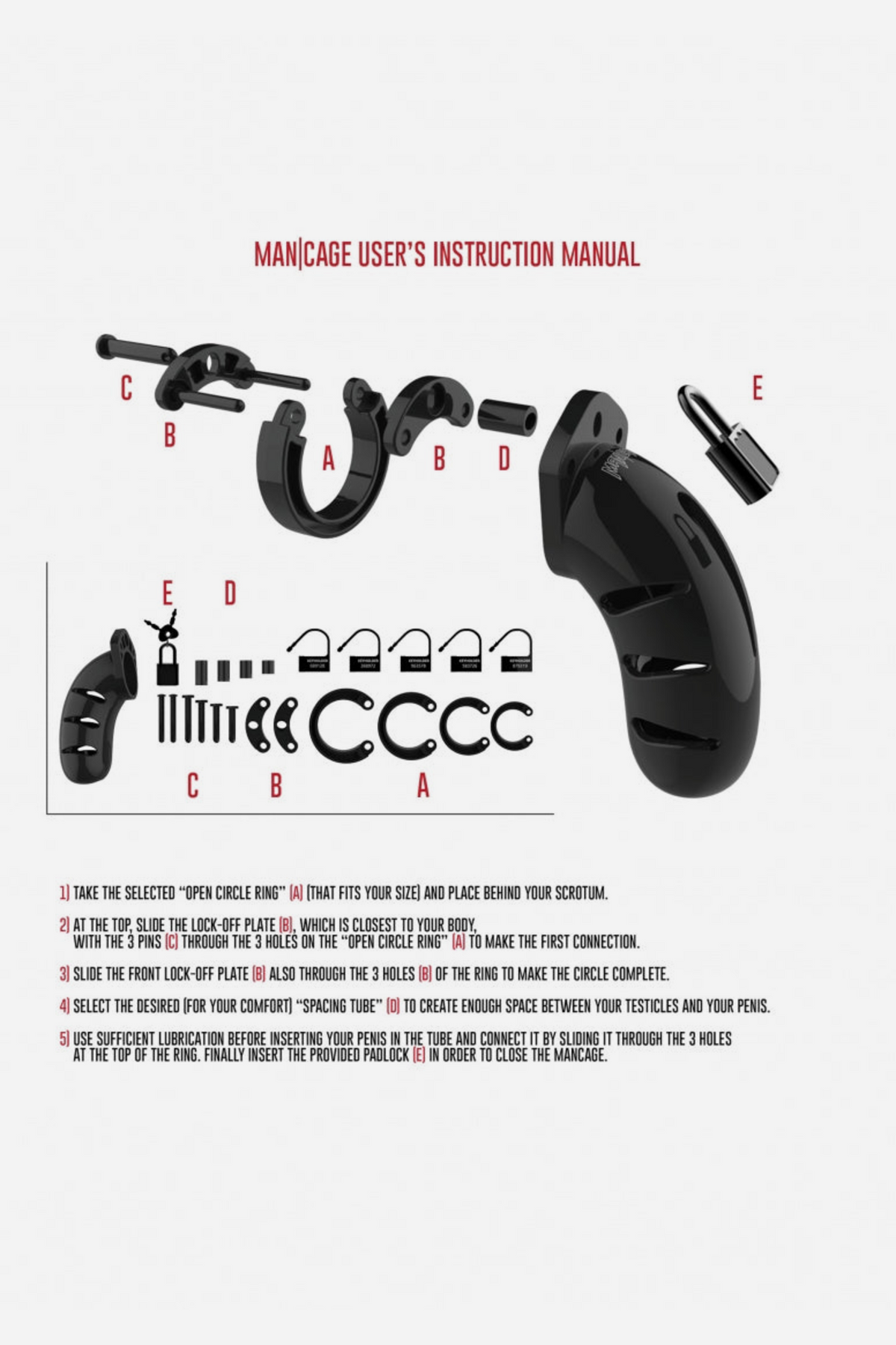 ManCage user instruction sheet on grey for the Model 03, with an exploded diagram of the cage, base ring, spacers and padlock above numbered fitting steps.