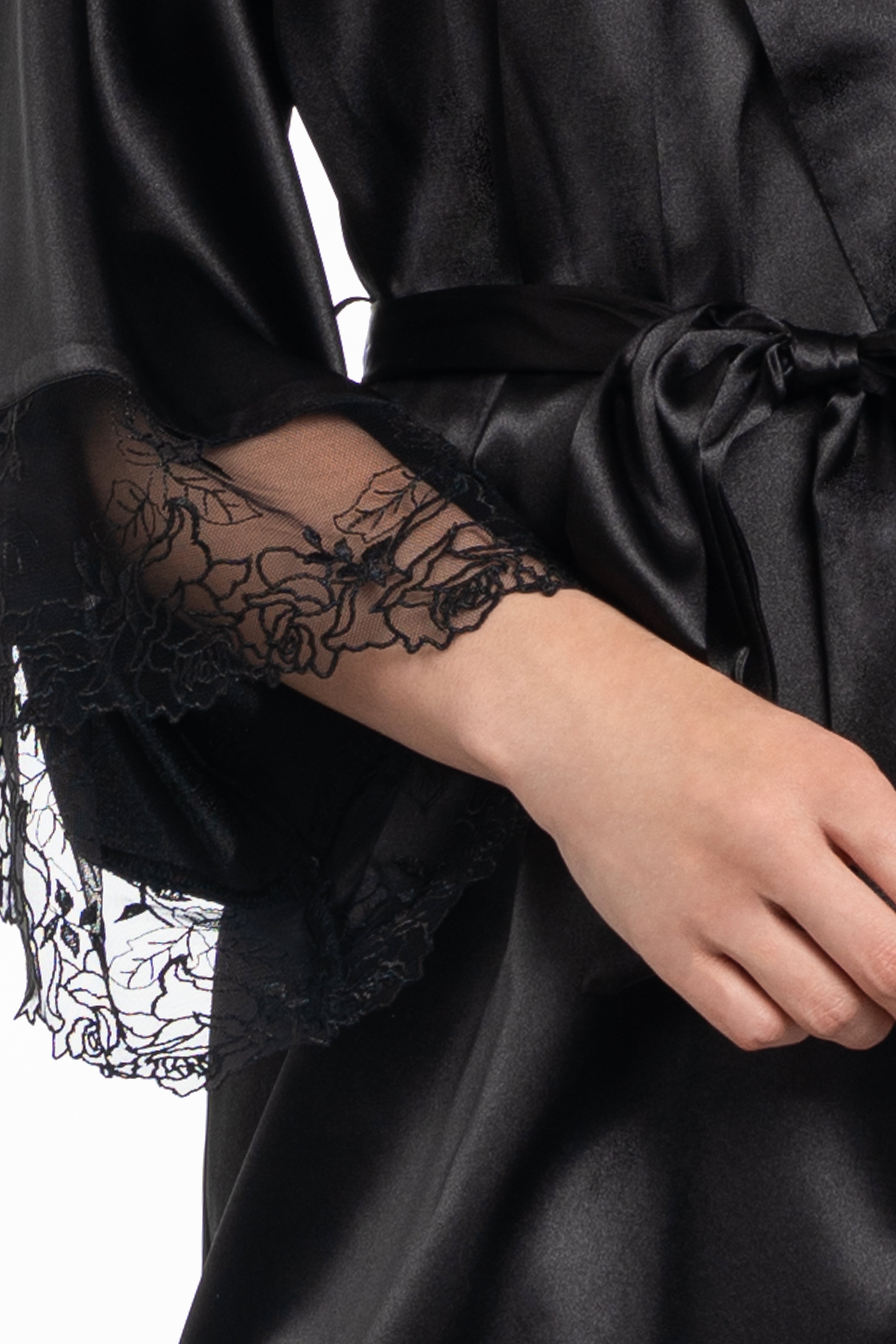 Miss the Most Embroidery & Satin Robe in Black