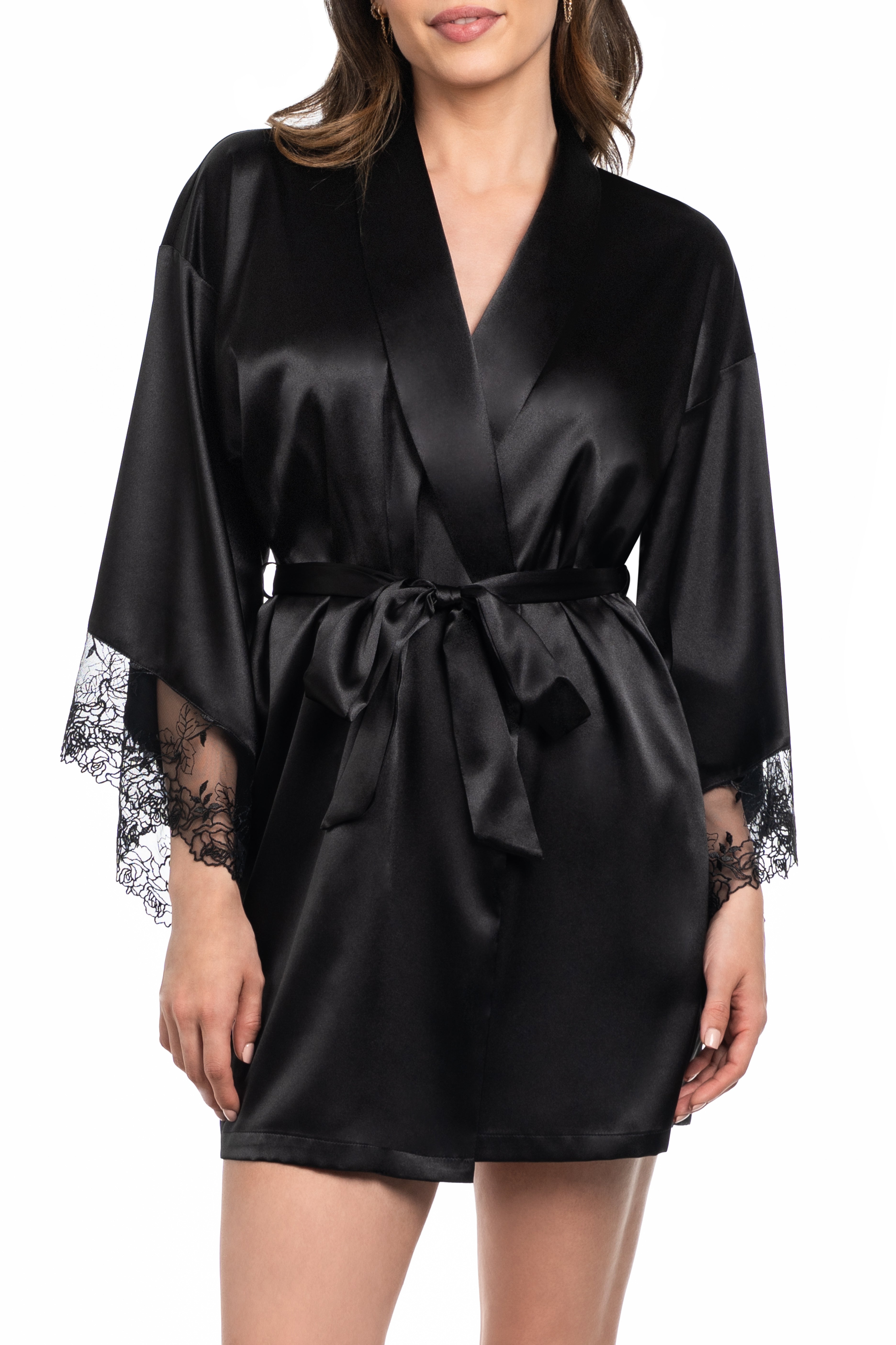 Miss the Most Embroidery & Satin Robe in Black