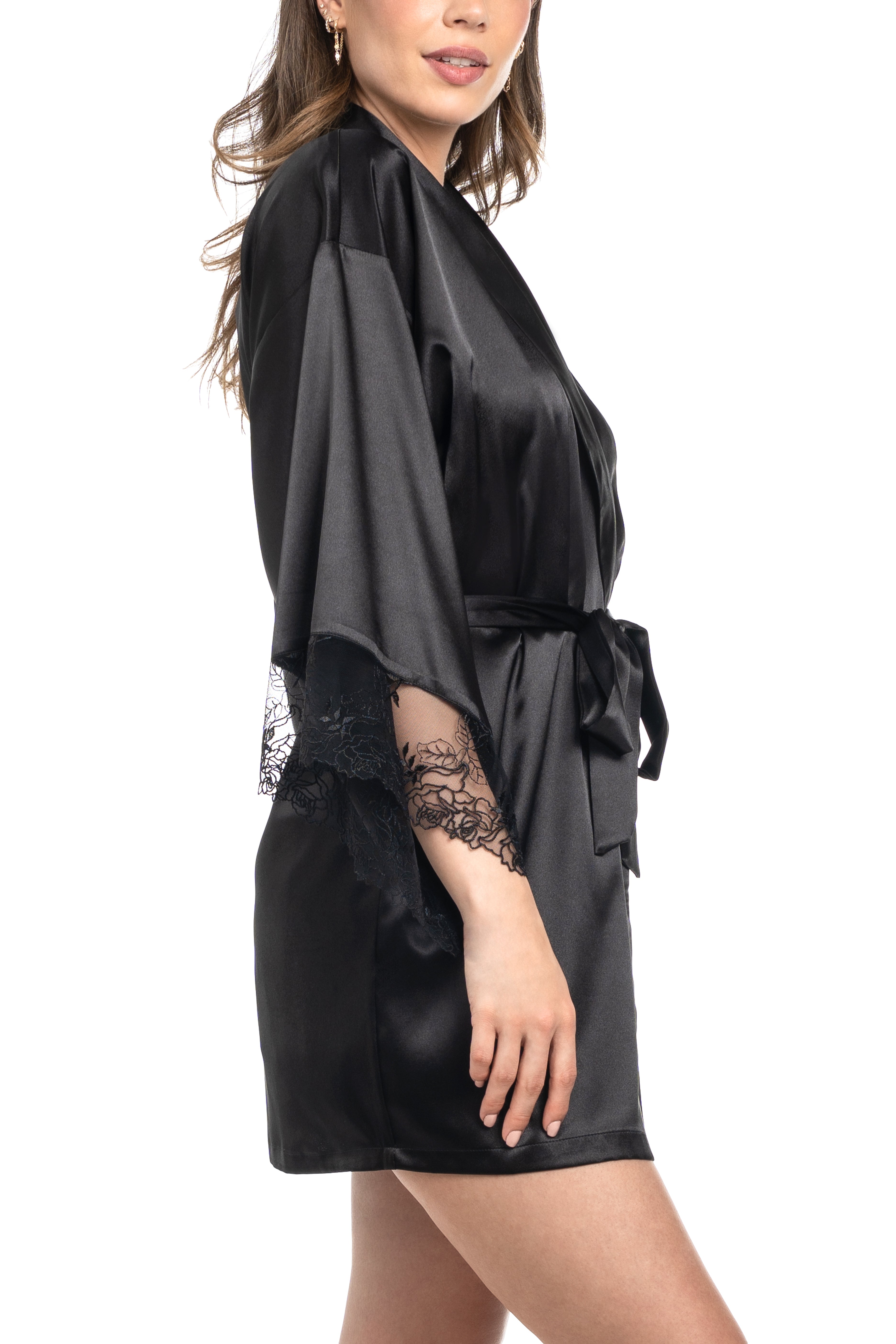 Miss the Most Embroidery & Satin Robe in Black