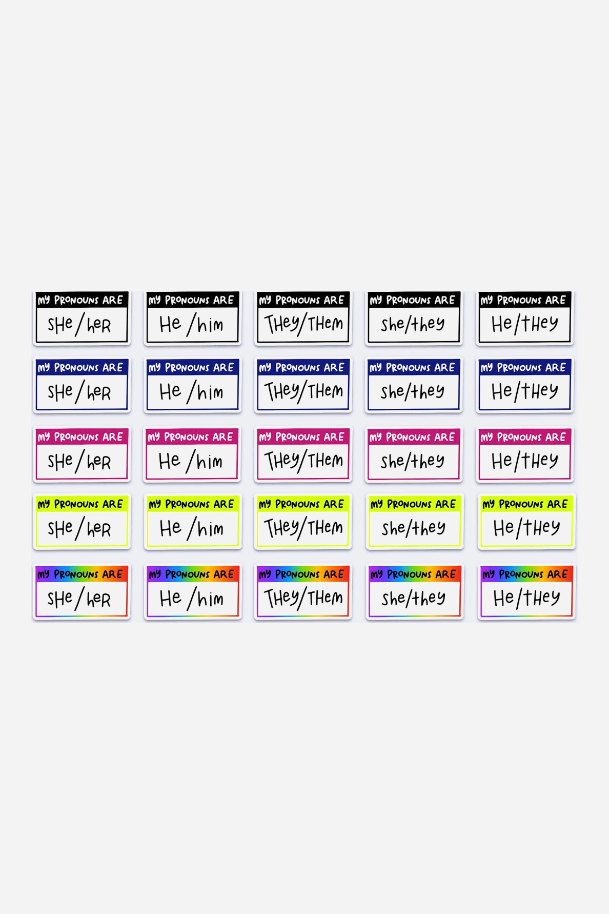 Grid of My Pronouns Are name-tag stickers in black, navy, magenta, lime and rainbow, each colour offered as she/her, he/him, they/them and more