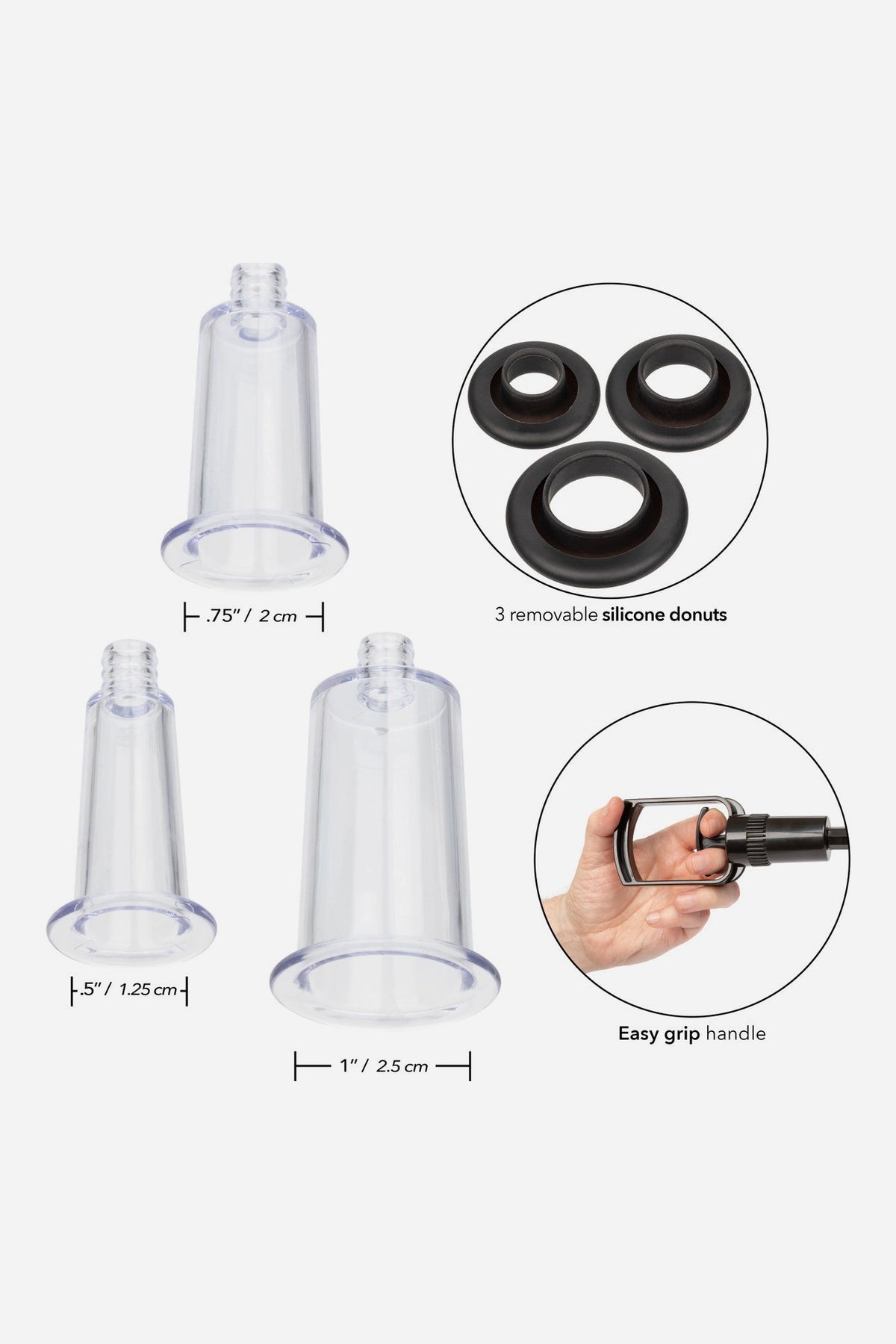 No Bounds Trans Masc Pump kit guide showing the three clear cylinders with their dimensions, the three silicone sleeves and the easy-grip handle