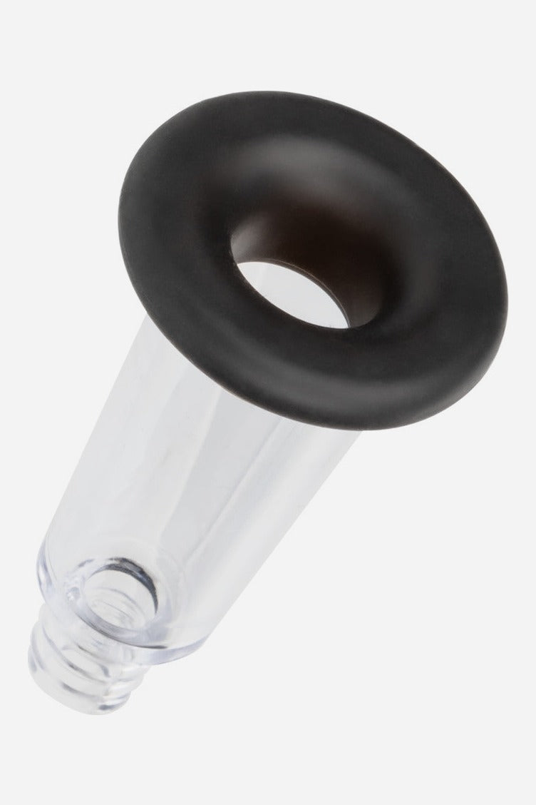 Third clear No Bounds pump cylinder fitted with a black silicone sleeve, seen at an angle with the hose connector, on a light grey background