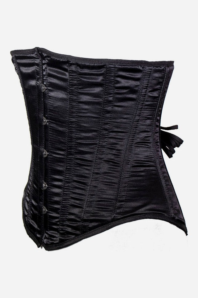 Side view of the black satin Nobody's Fool waist cincher showing its hourglass curve, boning channels and back lacing ties