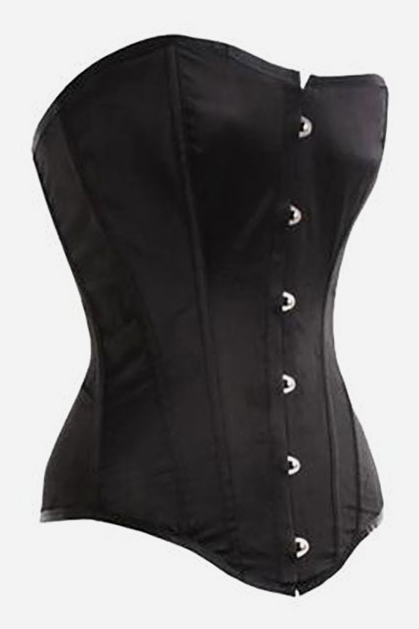 Three-quarter front view of the Nobody's Fool black satin overbust corset with steel boning and a silver busk closure down the front
