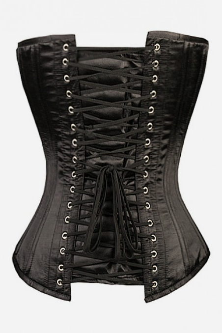 Back view of the black satin Nobody's Fool overbust corset showing black lacing through two rows of silver grommets