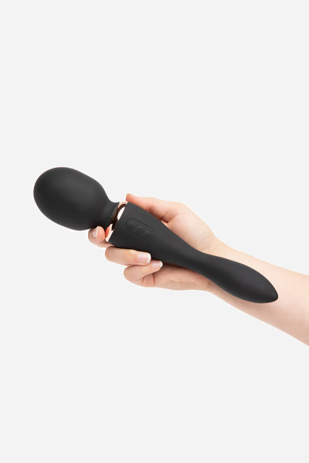 The black Alluvion wand held sideways in a hand, showing the full length from the massage head to the tapered second end of the shaft