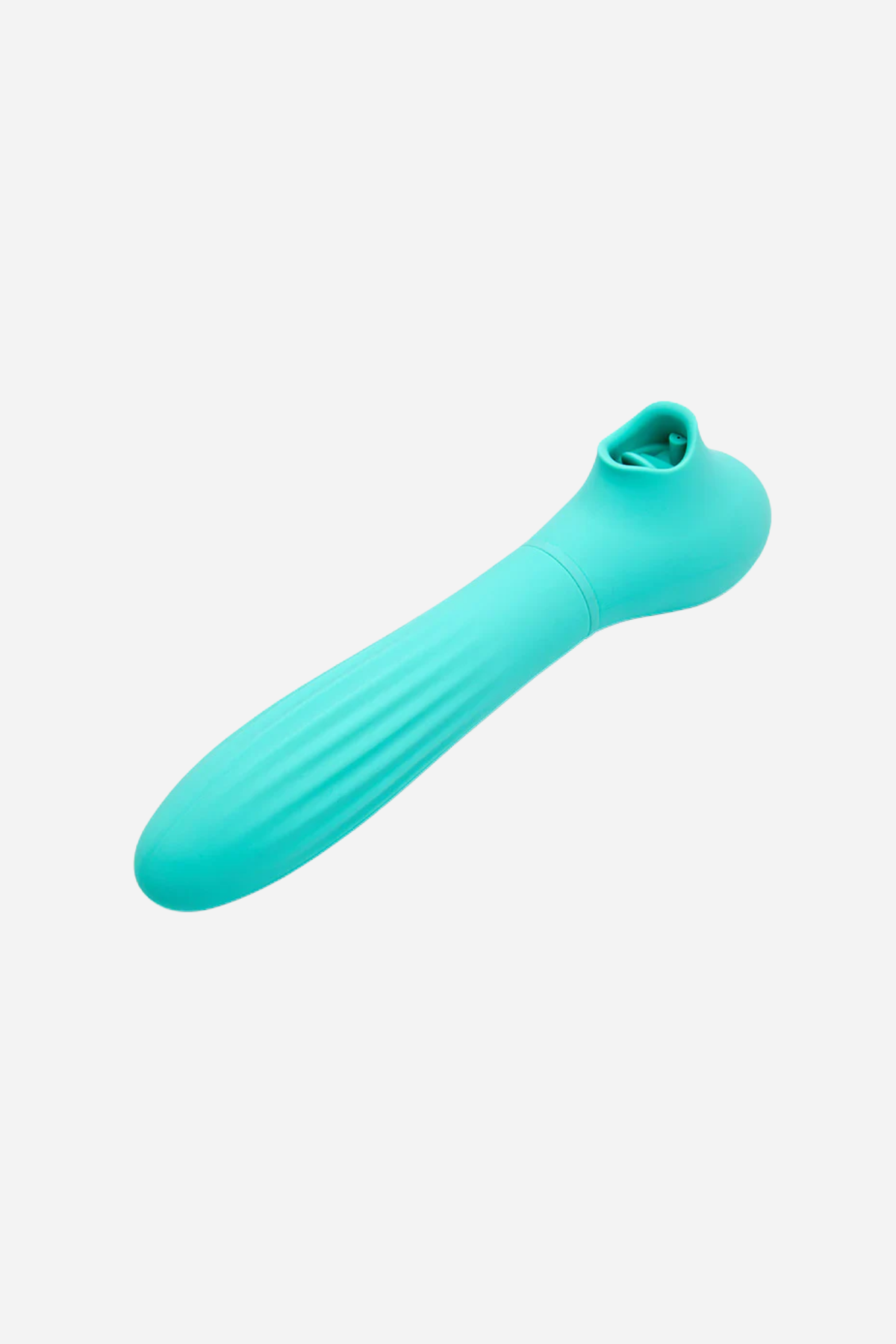 Turquoise Nu Sensuelle Daisy vibe lying at an angle on grey, its ridged shaft tapering to a rounded tip below an oval suction mouth.