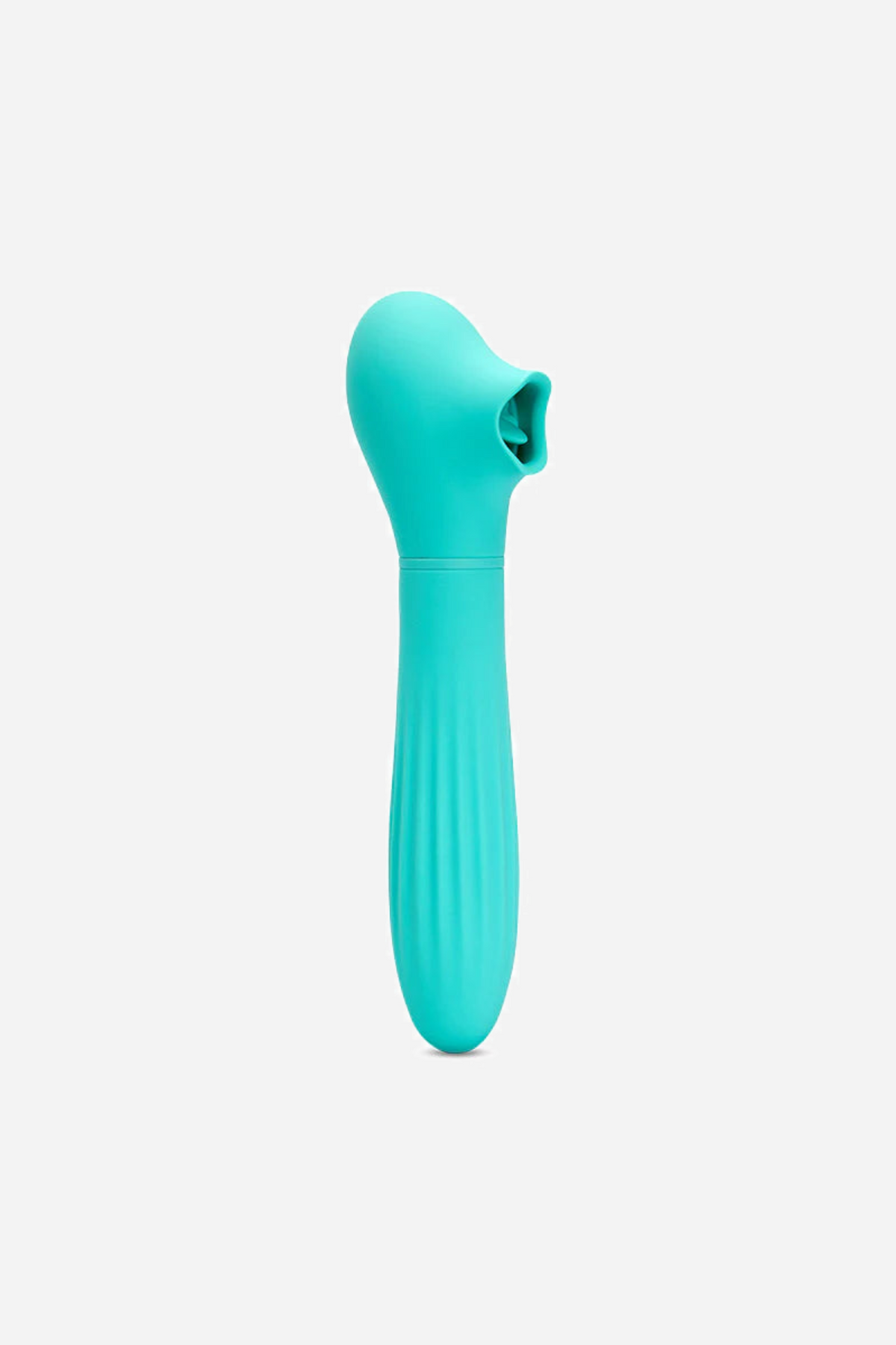 Turquoise Daisy vibe standing upright at a three-quarter angle, showing the ribbed shaft and petal-shaped suction head with its oval mouth.