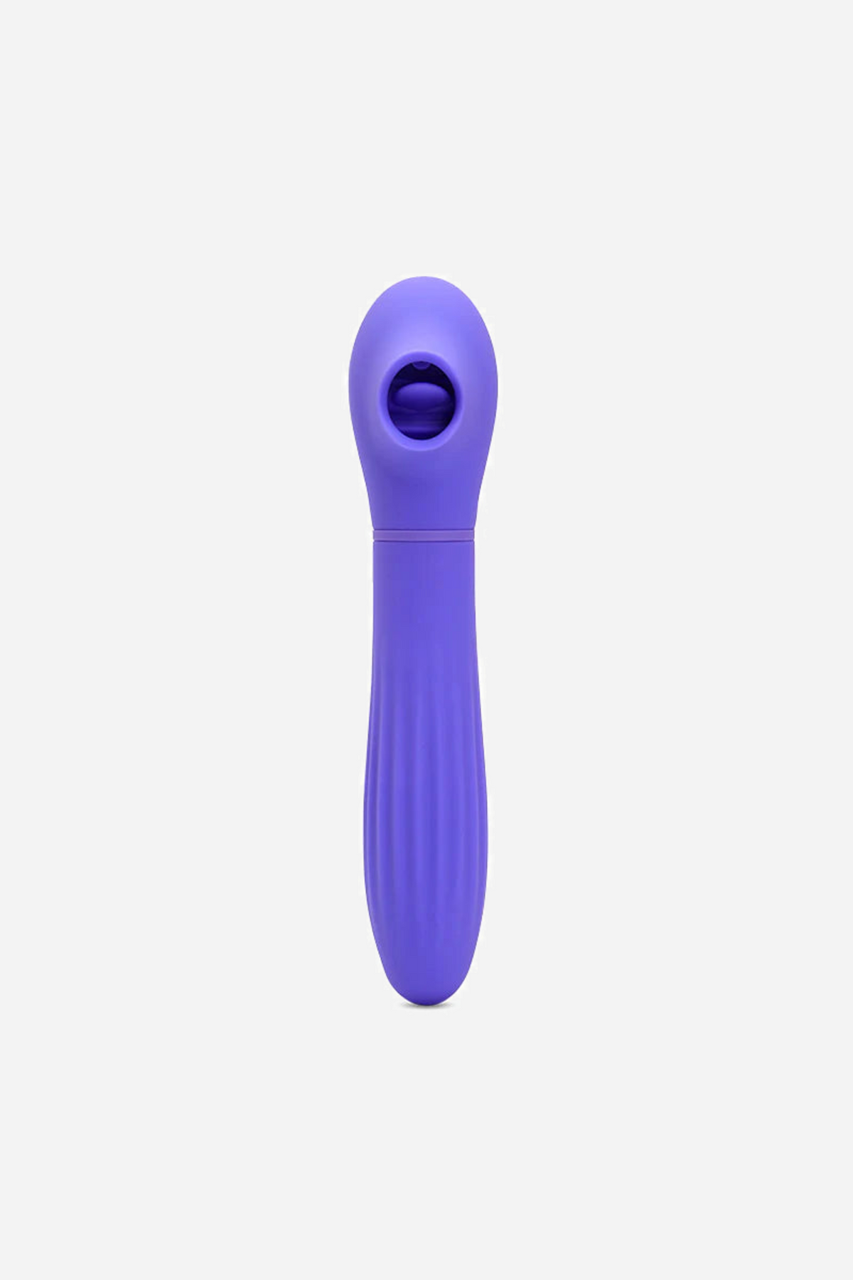 Ultra violet Daisy vibe shown head on, round suction mouth centred in the flared tip above a slim ribbed shaft on a plain grey background.