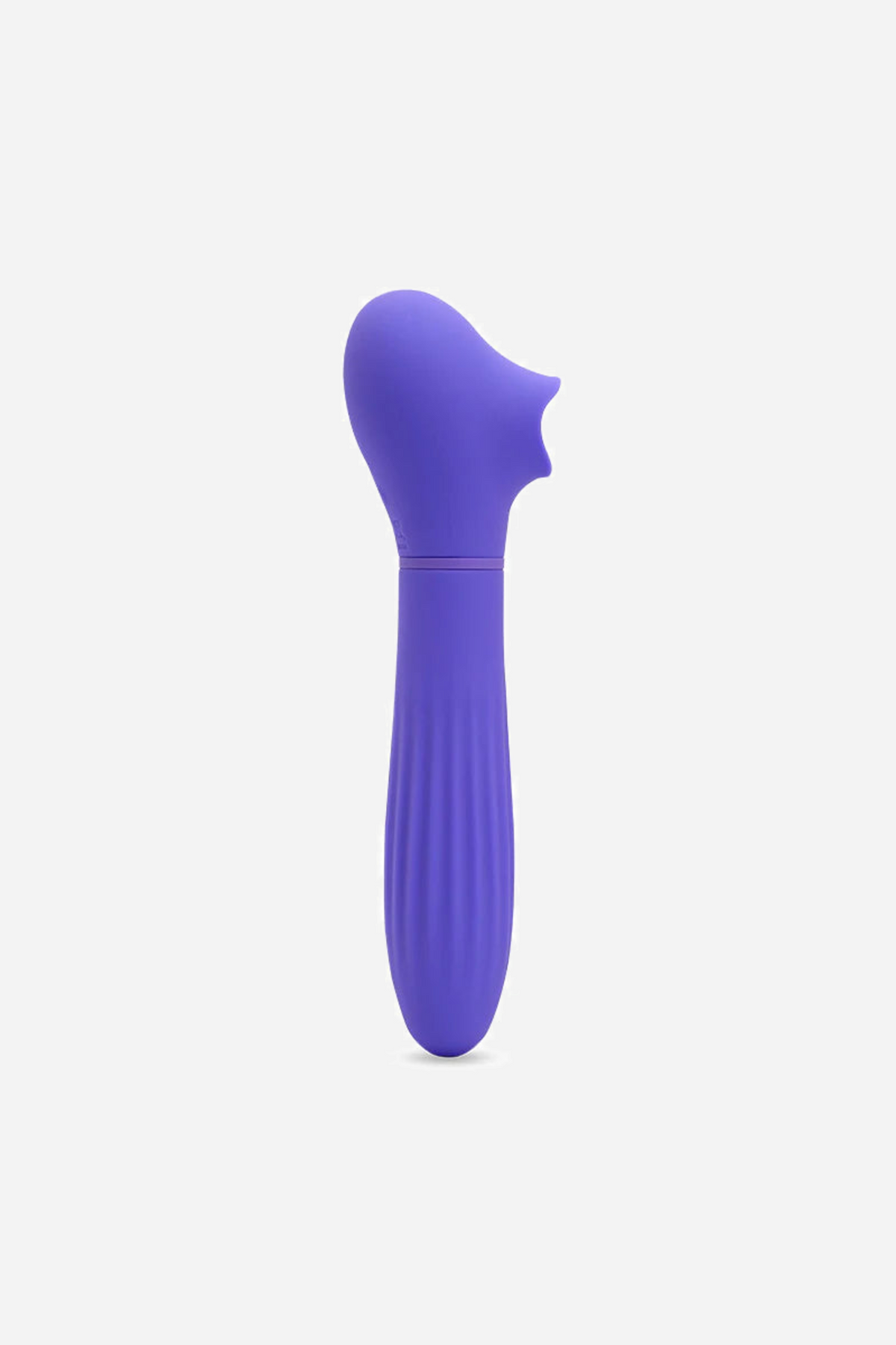 Ultra violet Daisy vibe in side profile, curved head angled forward above a gently tapering ribbed silicone shaft on a plain grey background.