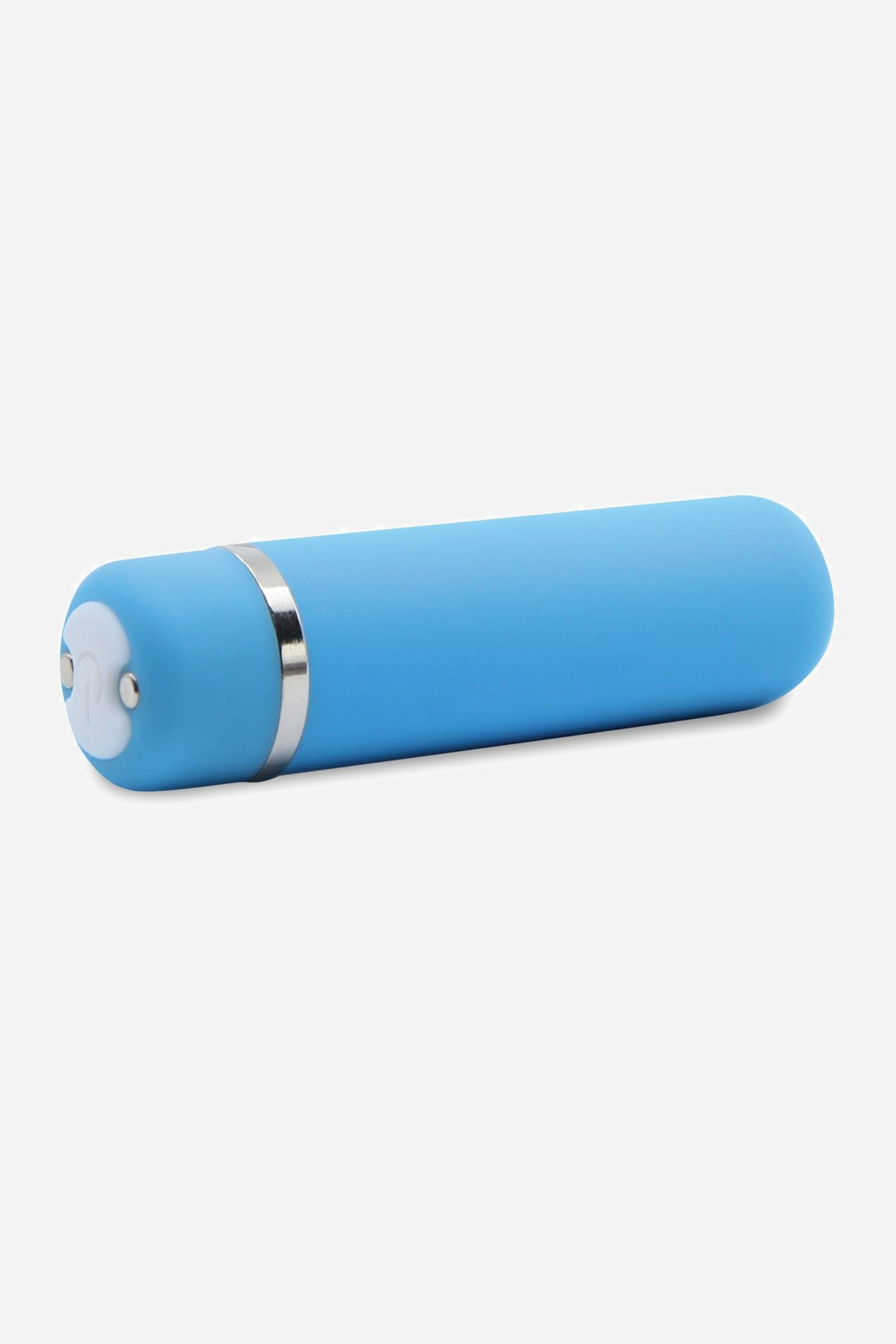 The Joie bullet vibrator in light blue, lying on its side, showing the silver trim band near the base and the smooth satin finish
