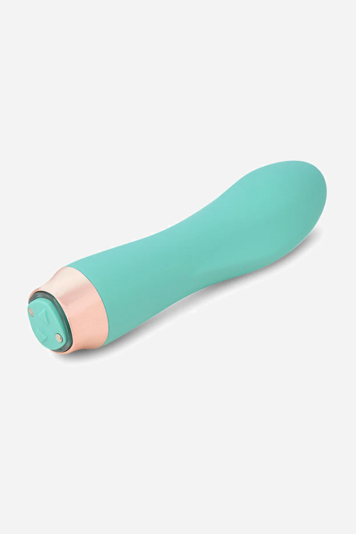 The teal Lynx Nitro bullet lying on its side at an angle, showing the full length of the silicone shaft and the rose gold base cap.