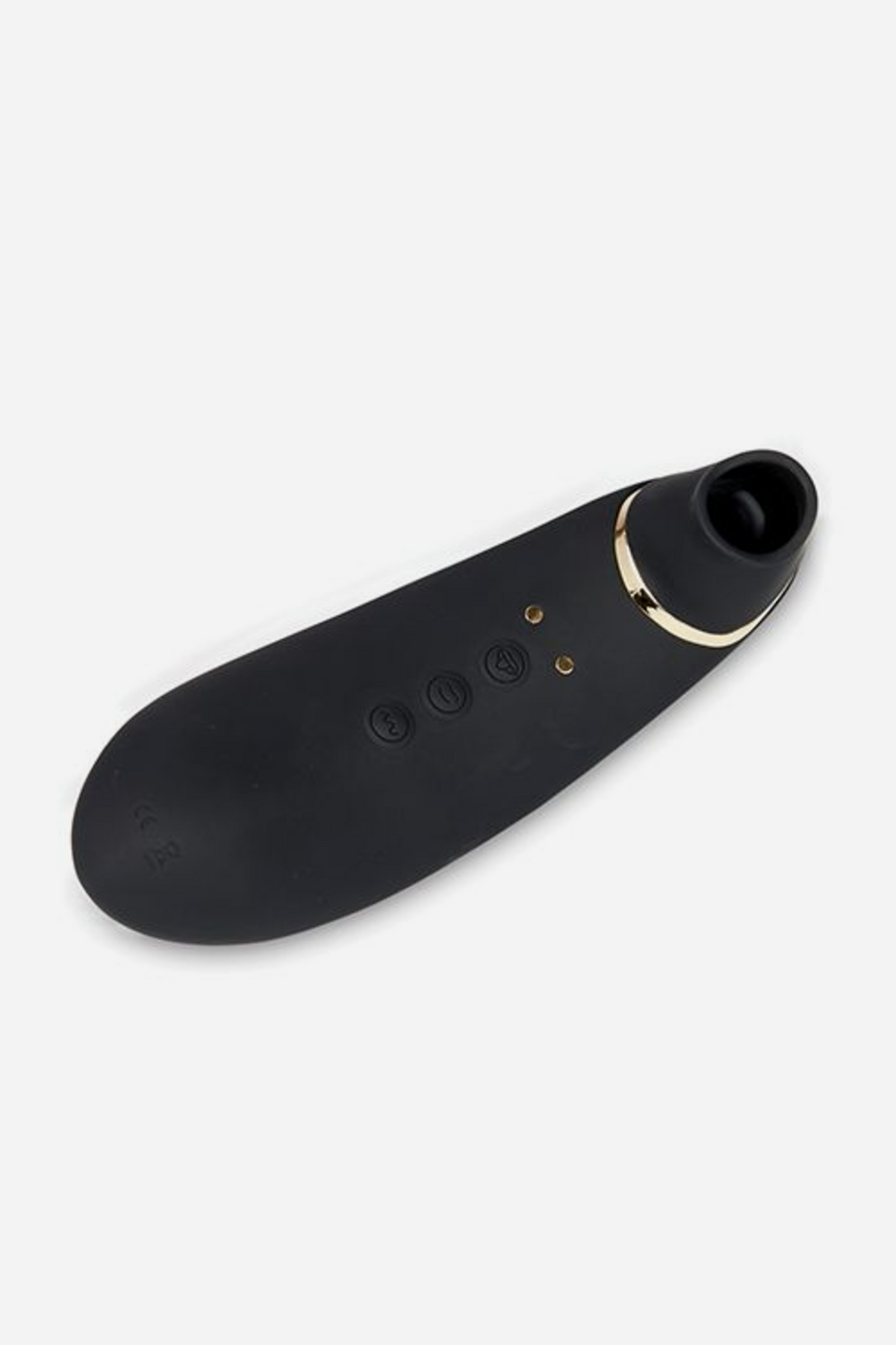 Nu Sensuelle Trinitii suction and tongue vibe in Black & Gold, angled view of the matte black body with gold accents on a light grey background