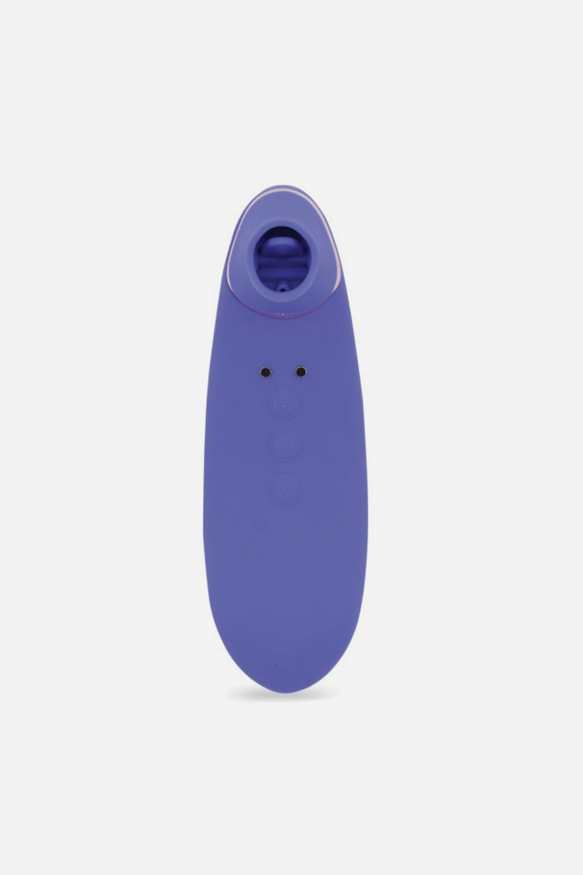 Nu Sensuelle Trinitii suction and tongue vibe in Ultra Violet, front view of the soft open tip and control buttons on a light grey background