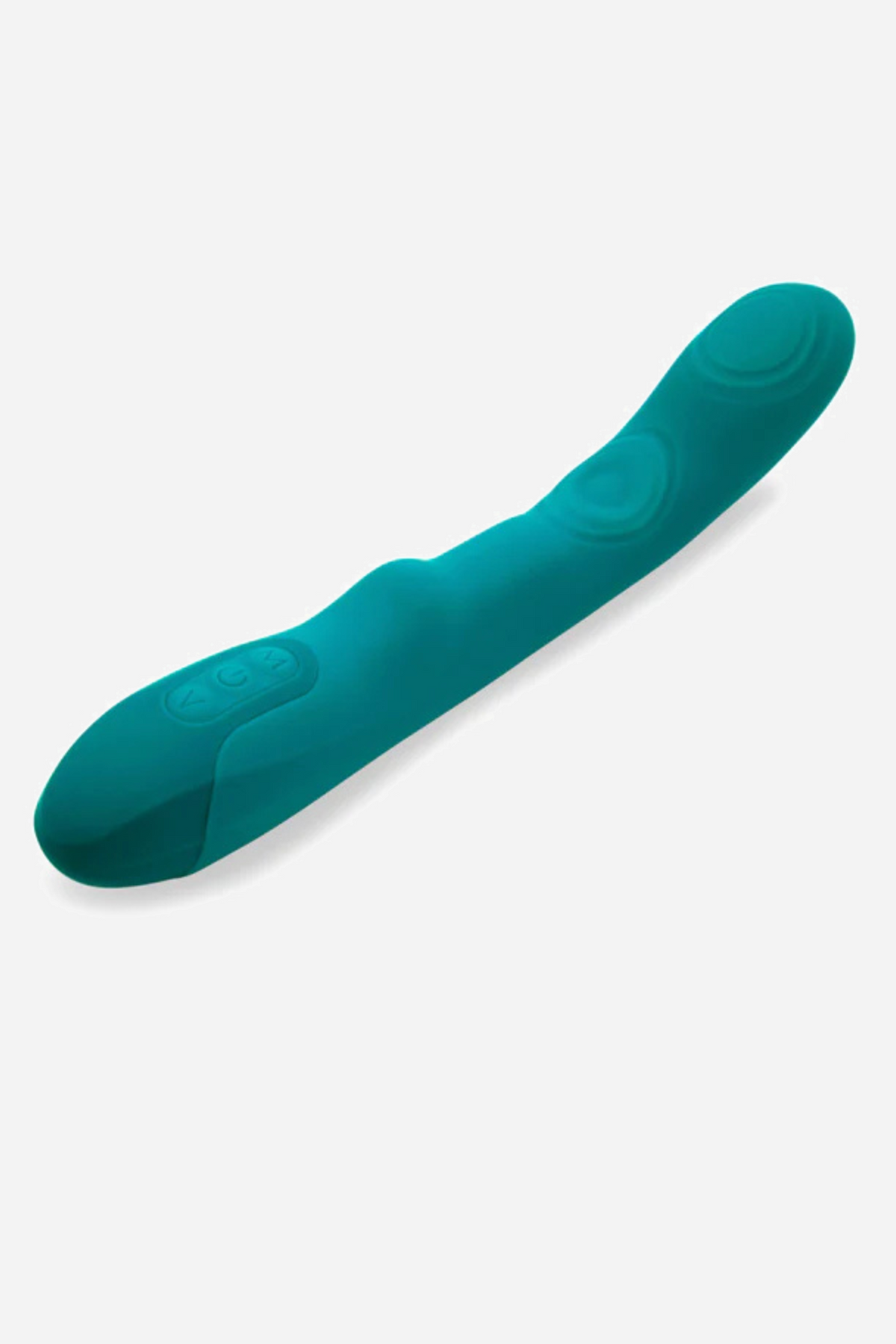 The Nu Sensuelle Vivi vibrator in emerald green, lying at an angle with its curved tapered head and the rounded control end below