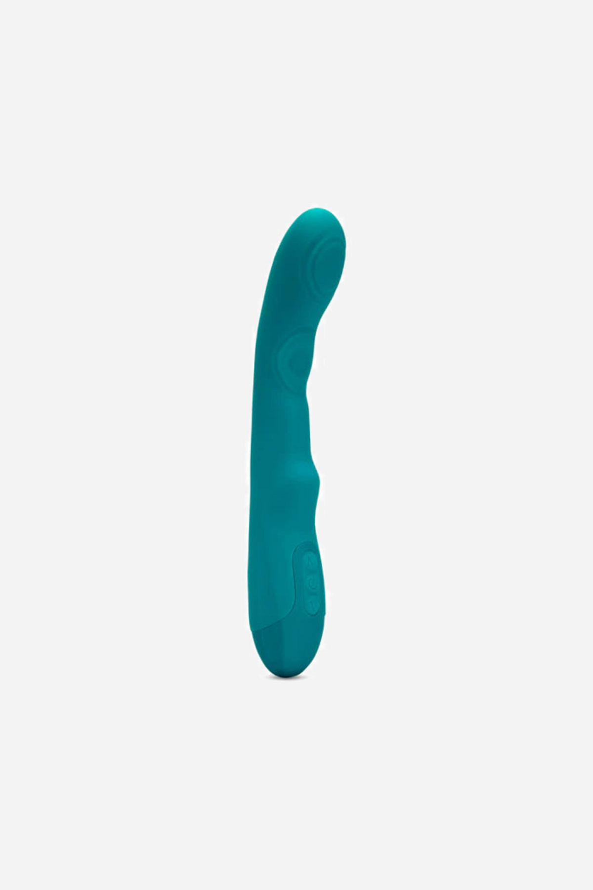 Side profile of the emerald green Vivi vibrator standing upright, showing the slim shaft and the gentle curve towards the tapered tip