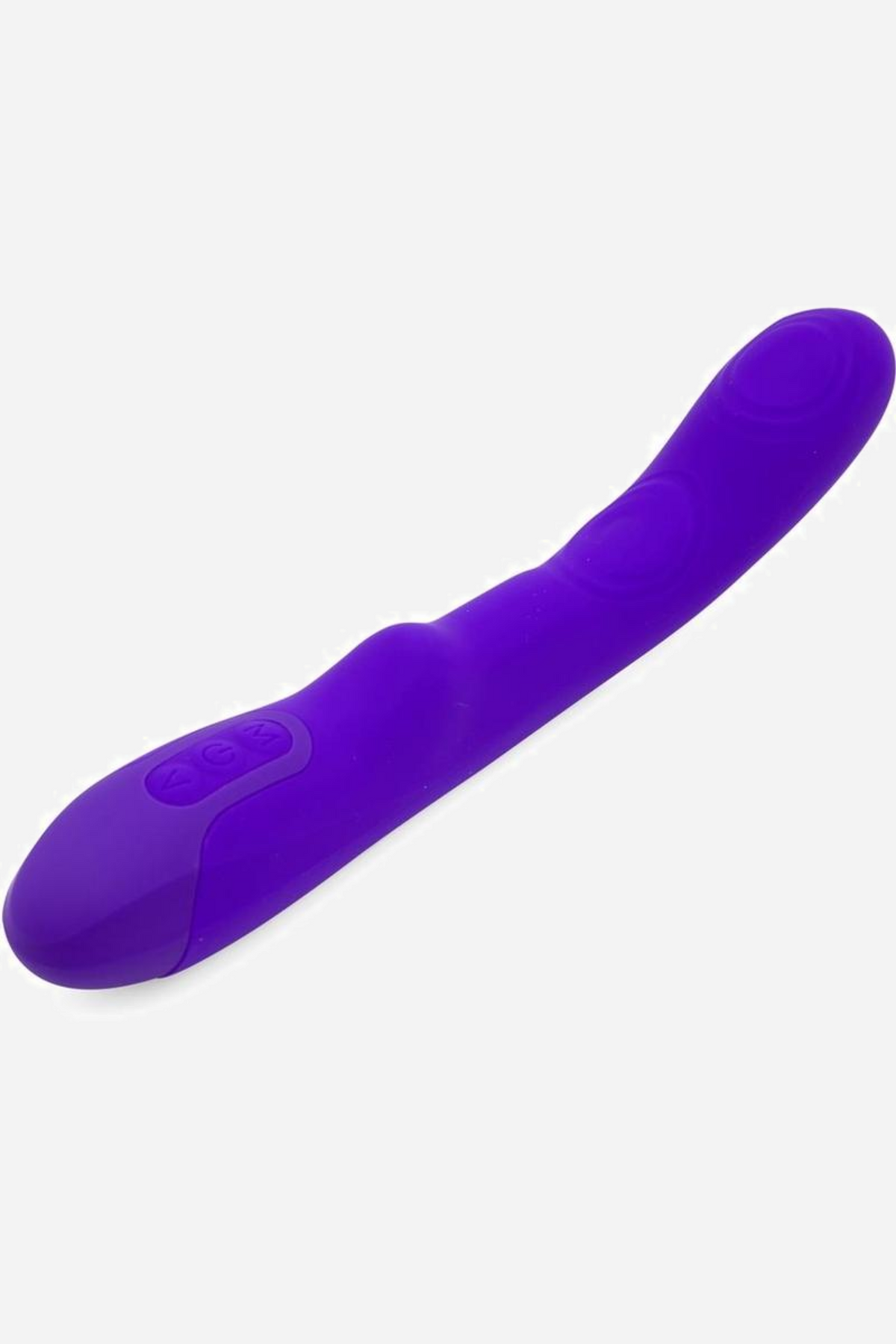 The Vivi vibrator in deep purple, lying at an angle with its curved tapered head and the rounded control end at the lower left