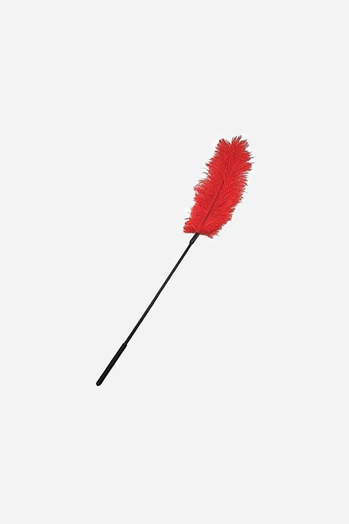 Close view of the red ostrich feather tickler, showing the dense plume of soft feathers gathered at the top of its slender black handle.