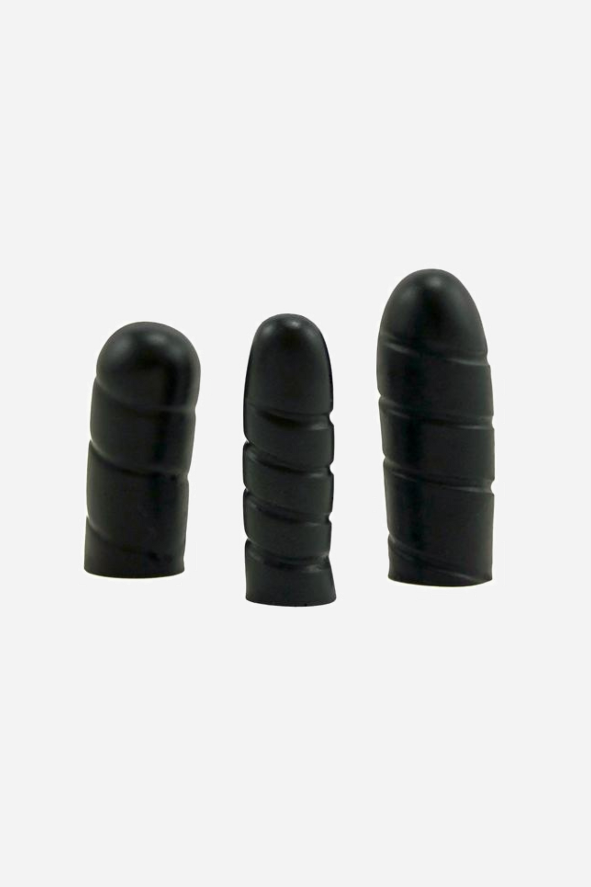 Three black silicone insert sleeves of different lengths standing upright, two ribbed and one smooth, shown side by side to compare
