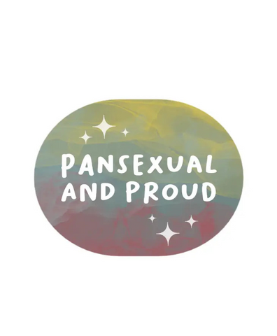 oval shaped sticker with a night-sky like background that fades from yellow to blue to pink, like the pansexual pride flag, with marble like texture. White text reads pansexual and proud and has glimmering stars surrounding it.
