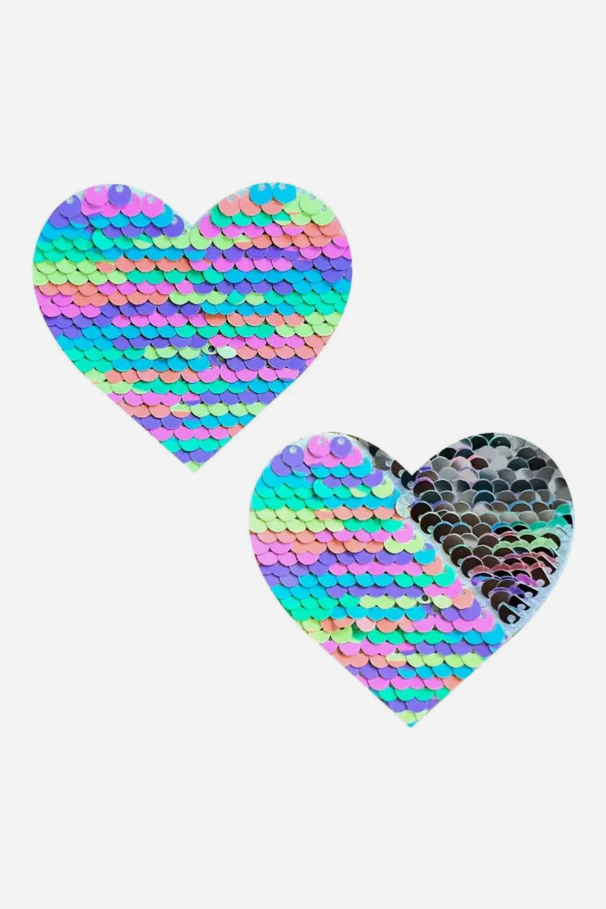 Pair of heart-shaped nipple pasties in pastel rainbow flip sequins, one partly brushed to reveal the reflective silver sequin side underneath