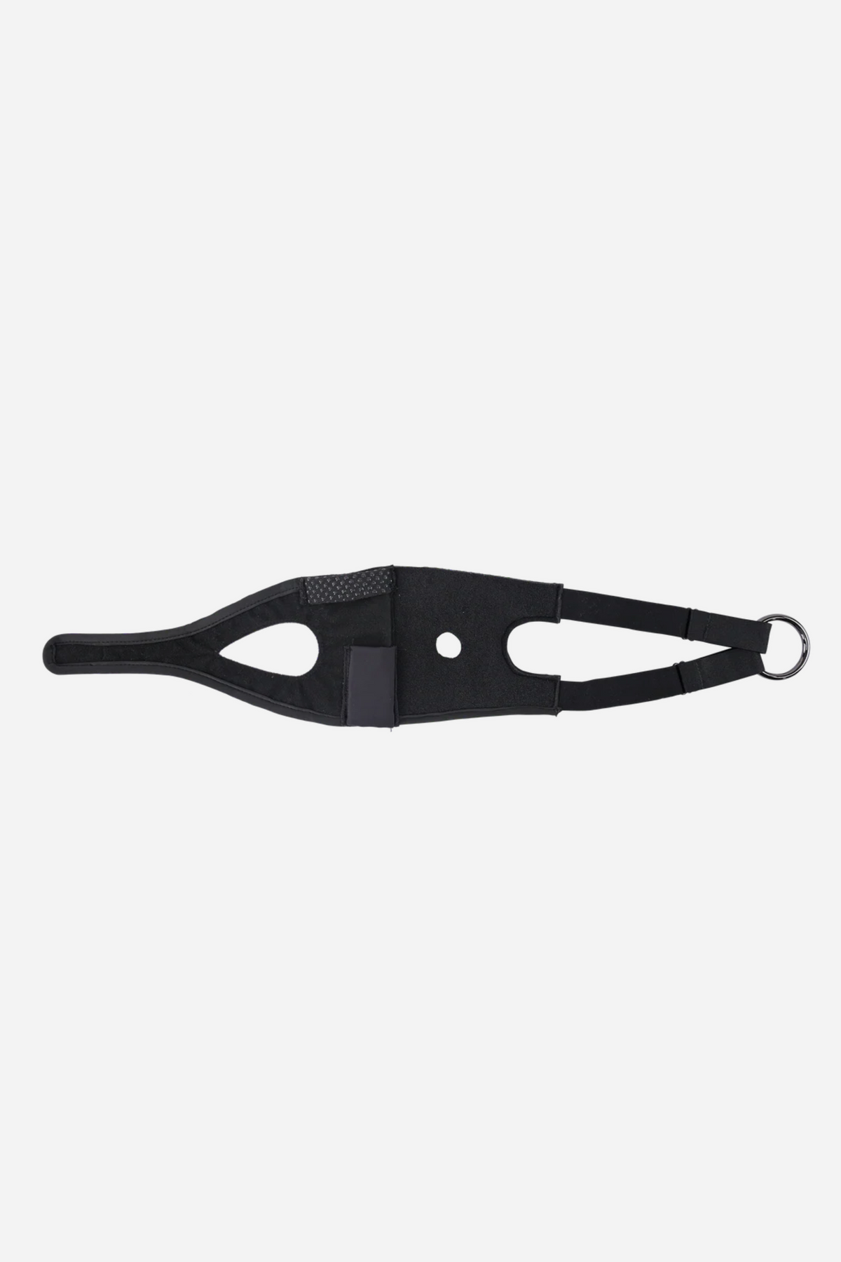 Pivot Forced Orgasm Toy Strap laid out flat, showing the long black anti-slip band, central toy openings and metal O-ring at one end
