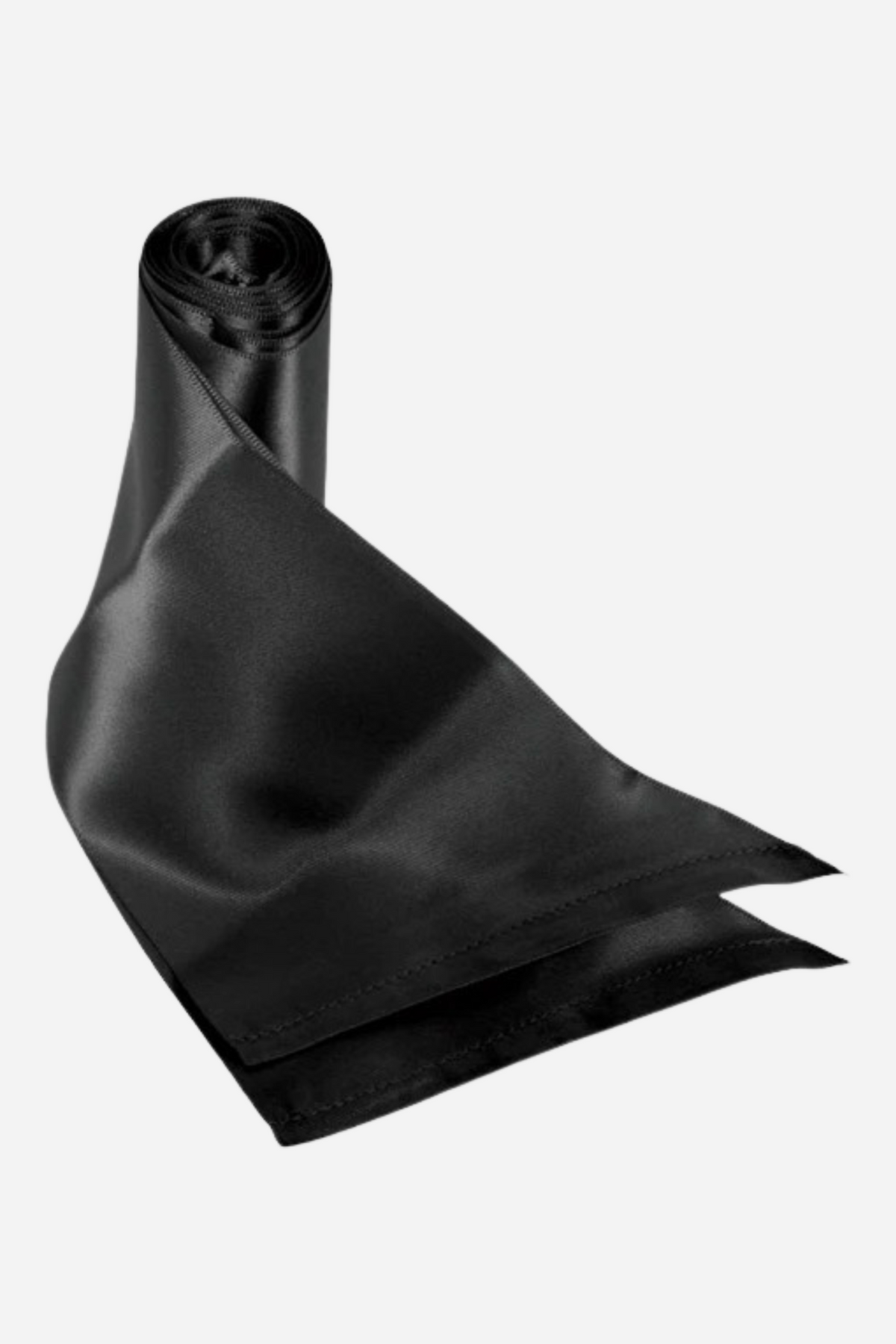 Two long black silky satin sashes, one partly rolled and one laid flat with pointed ends, for use as wrist or ankle ties, a blindfold or a gag.