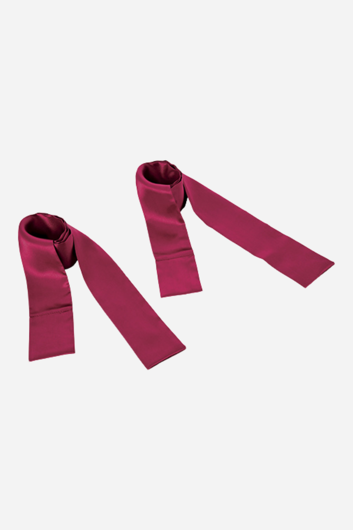 Pair of burgundy silky satin sash restraints laid side by side, each with a looped wrist cuff end and a long flowing tail for tying wrists, ankles or eyes.